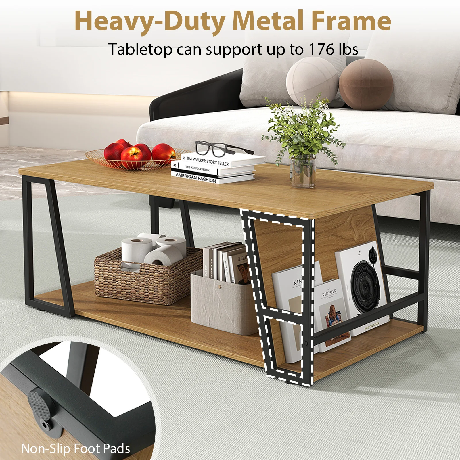 Rectangle Coffee Table, 2-Tier Industrial Accent Table, Natural - Image 8