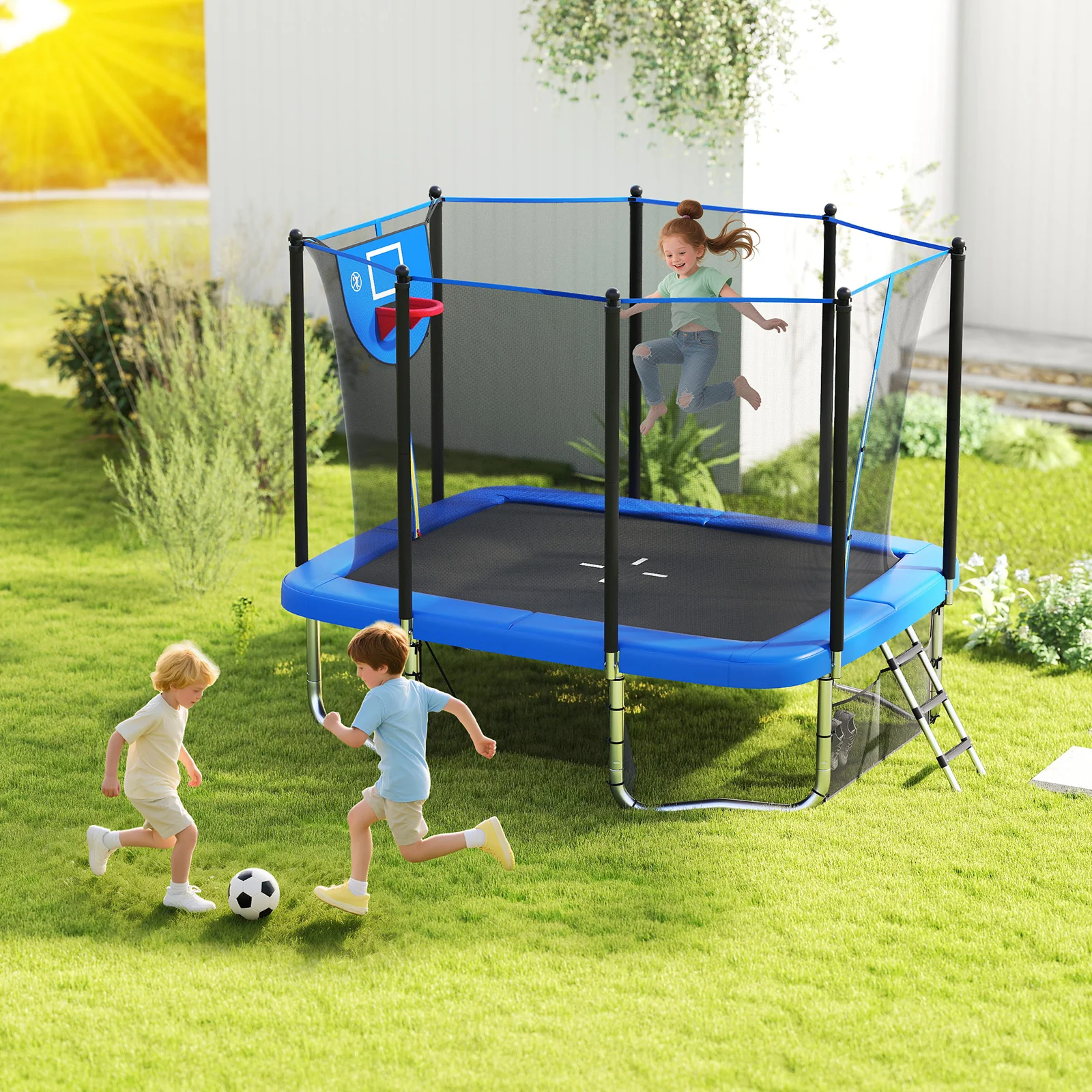 Rectangle Outdoor Trampoline 10 x 8 FT Heavy-Duty Trampoline with Basketball Hoop, Blue - Image 2