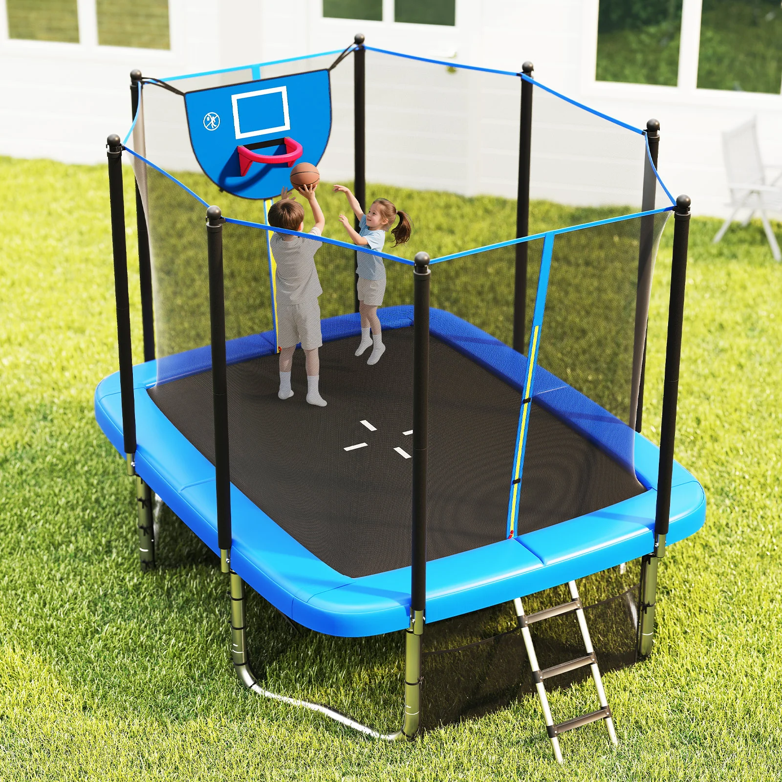 Rectangle Outdoor Trampoline 10 x 8 FT Heavy-Duty Trampoline with Basketball Hoop, Blue - Image 3
