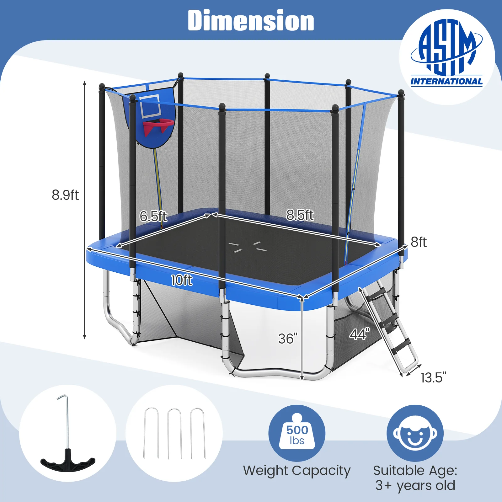 Rectangle Outdoor Trampoline 10 x 8 FT Heavy-Duty Trampoline with Basketball Hoop, Blue - Image 5