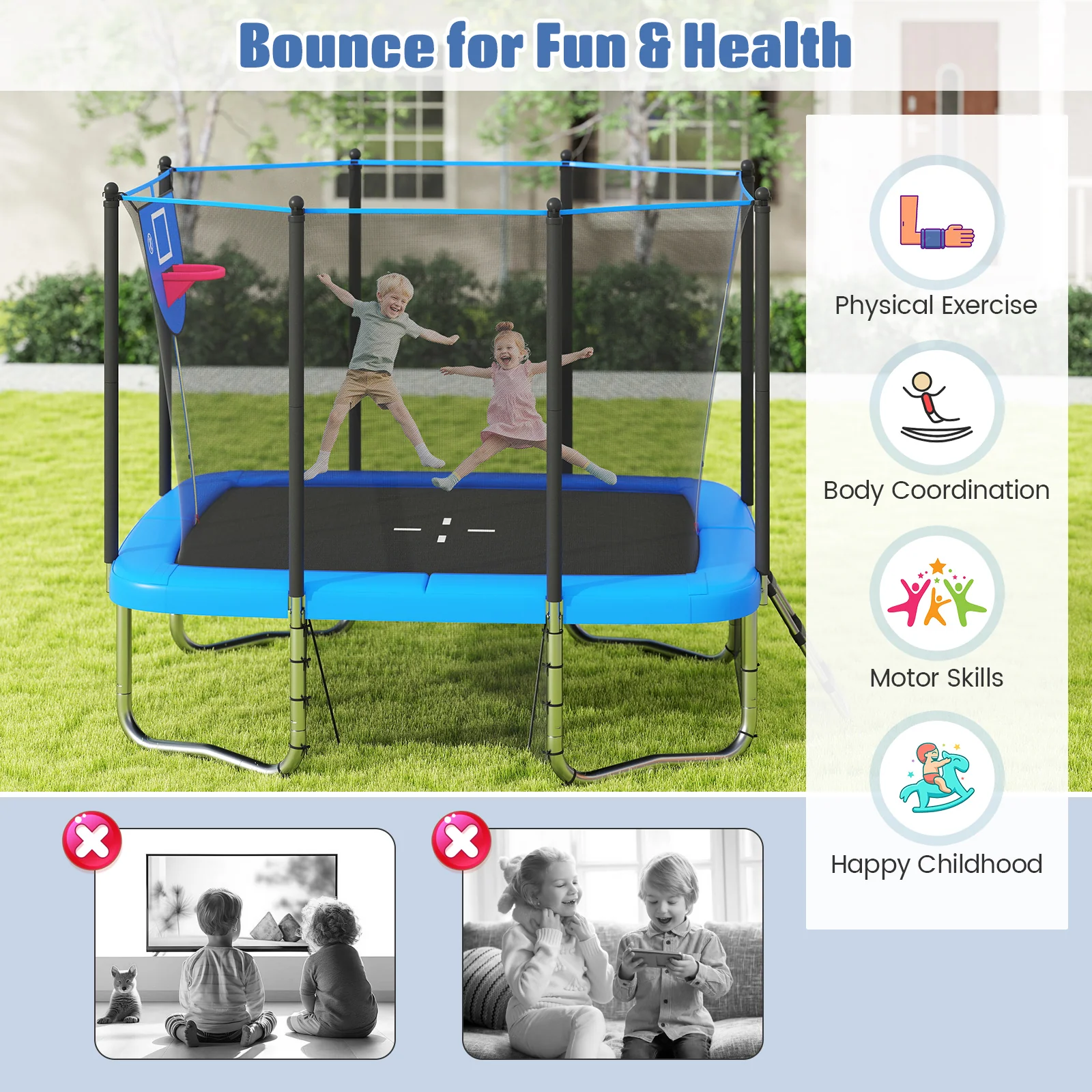 Rectangle Outdoor Trampoline 10 x 8 FT Heavy-Duty Trampoline with Basketball Hoop, Blue - Image 6