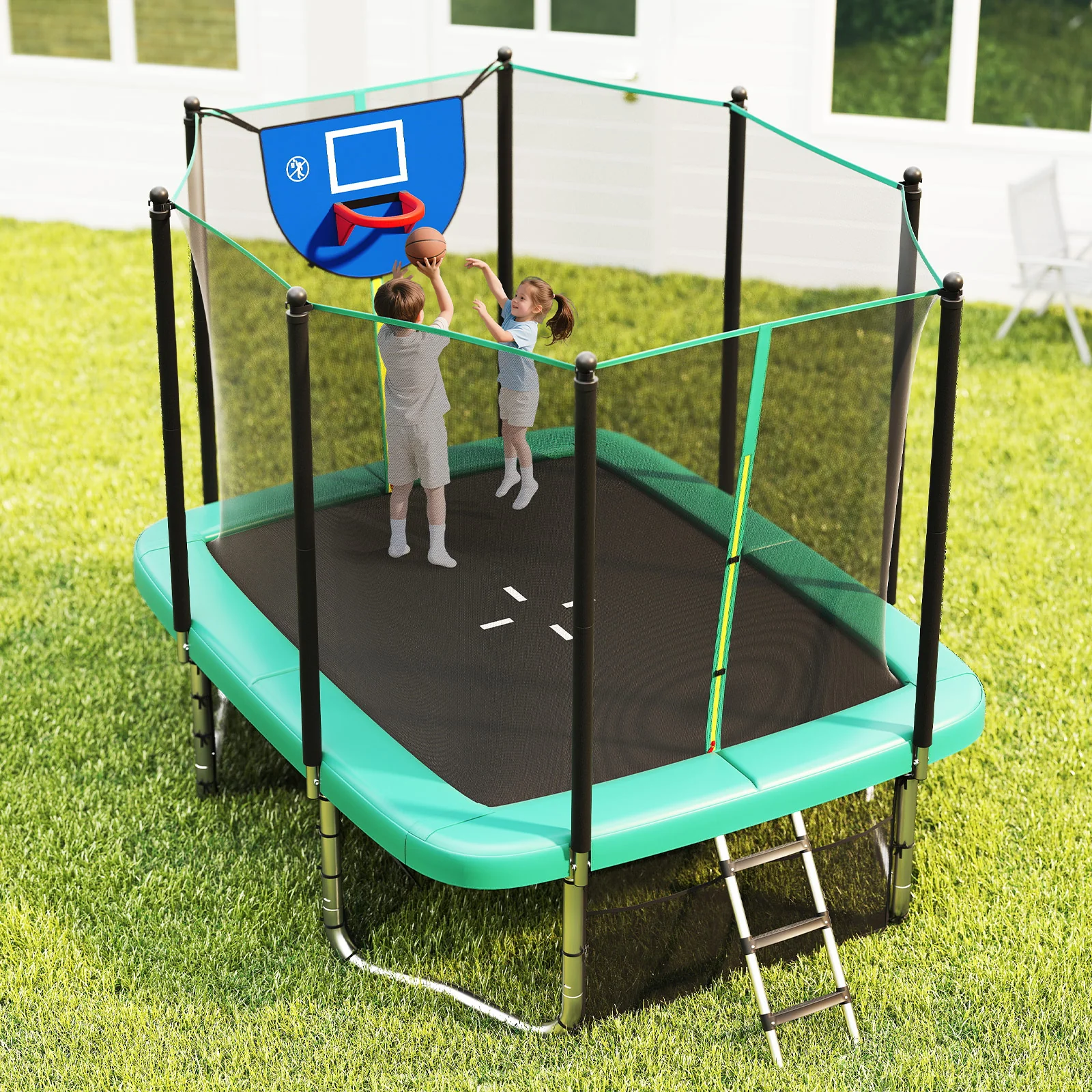 Rectangle Outdoor Trampoline 10 x 8 FT Heavy-Duty Trampoline with Basketball Hoop, Green - Image 3