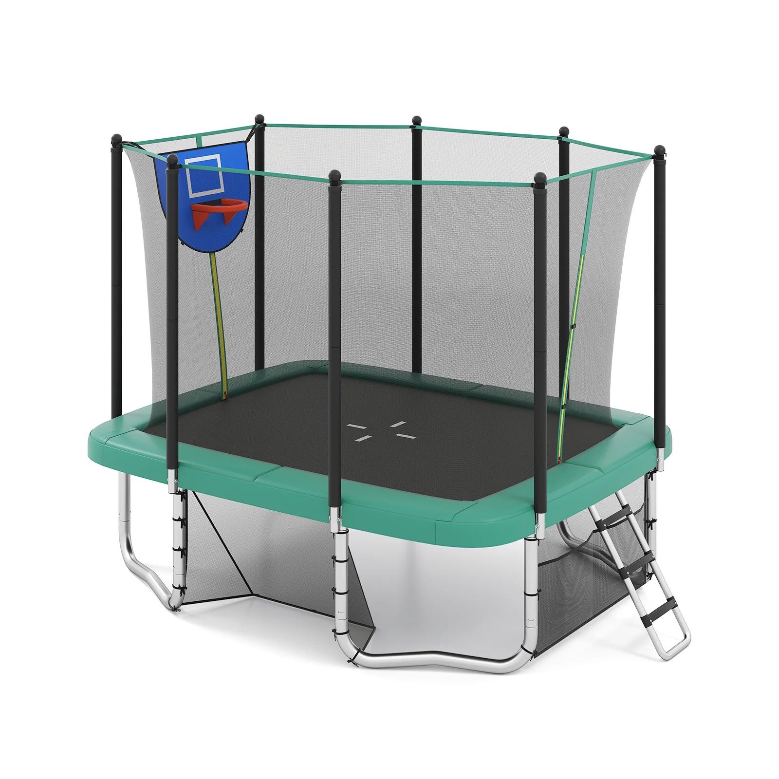 Rectangle Outdoor Trampoline 10 x 8 FT Heavy-Duty Trampoline with Basketball Hoop, Green - Image 4