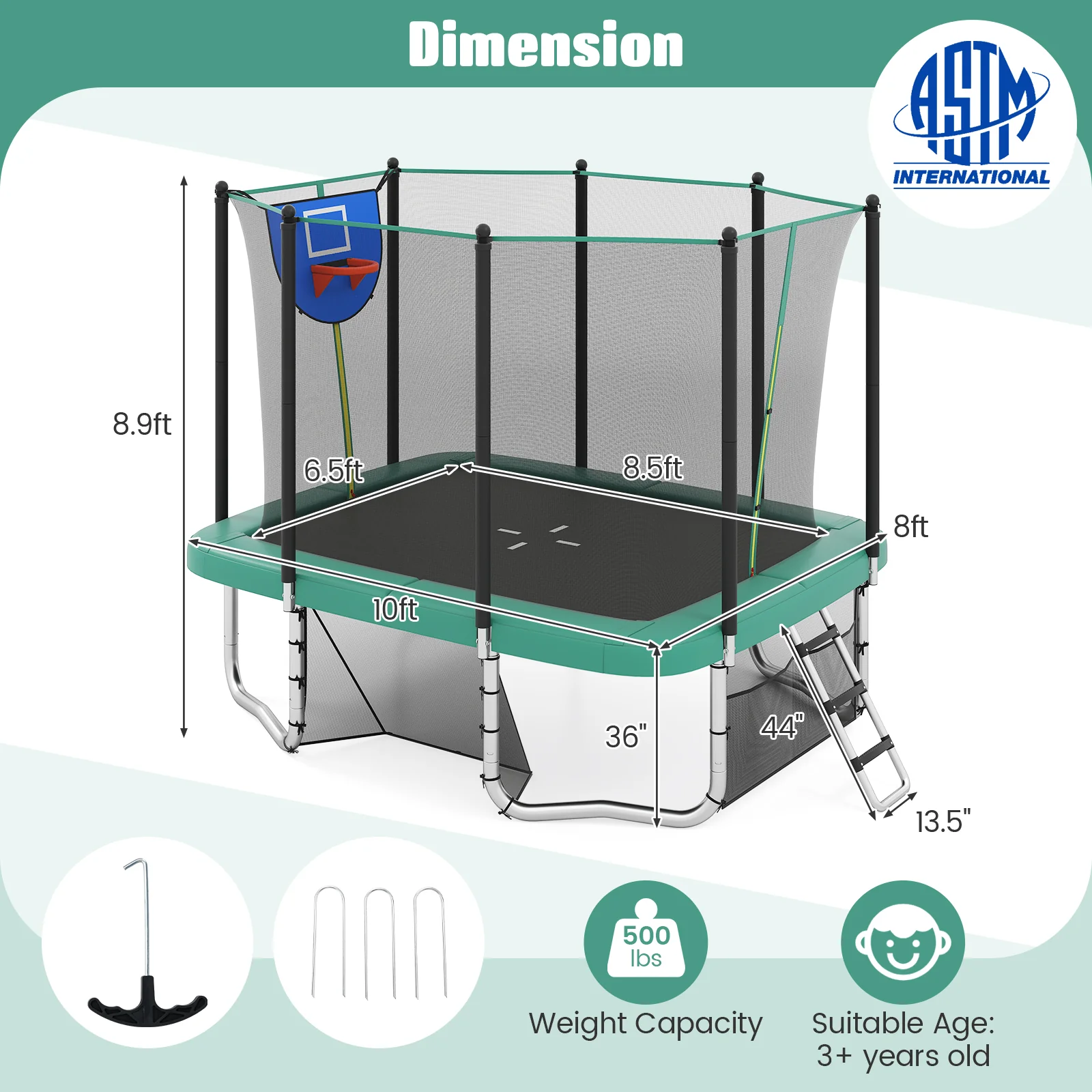 Rectangle Outdoor Trampoline 10 x 8 FT Heavy-Duty Trampoline with Basketball Hoop, Green - Image 5