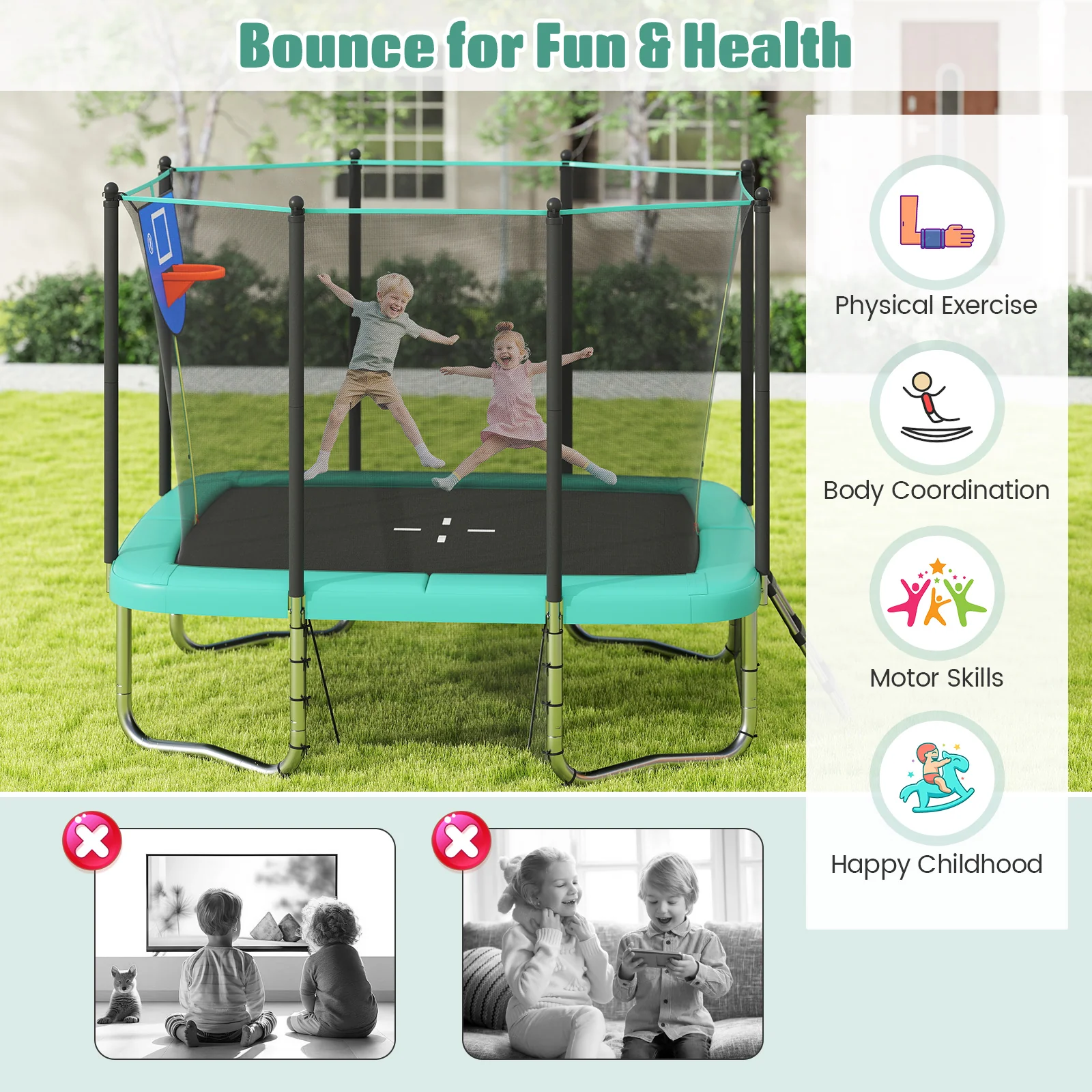 Rectangle Outdoor Trampoline 10 x 8 FT Heavy-Duty Trampoline with Basketball Hoop, Green - Image 6