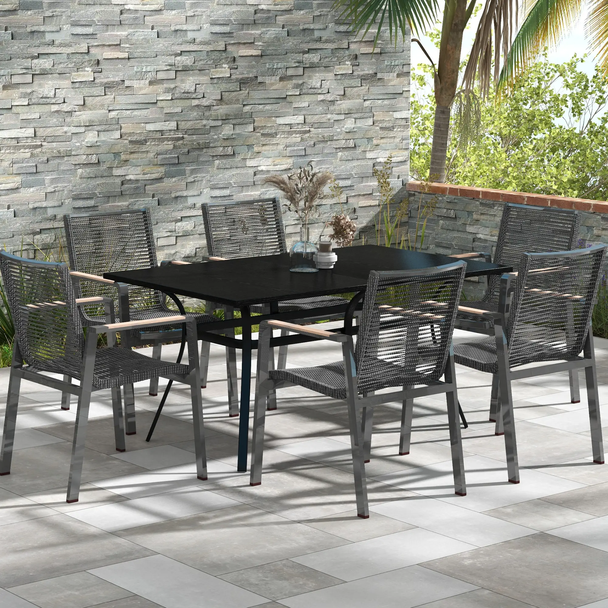 Rectangle Patio Dining Table for 6, Steel Legs, Metal Tabletop, Black - Image 2