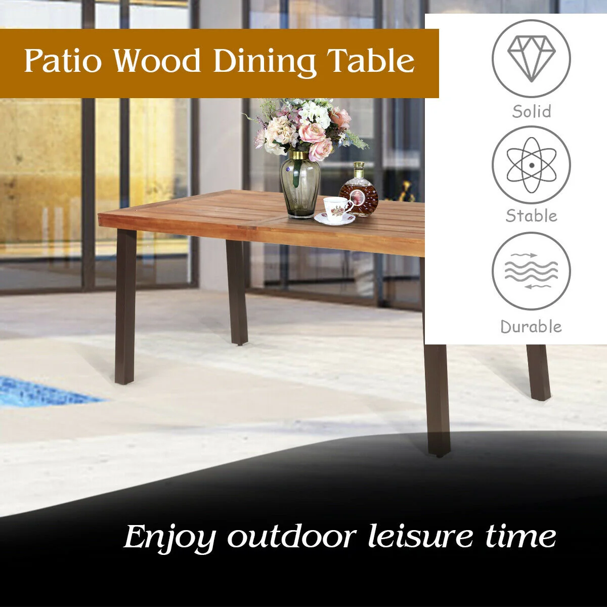 Rectangular Acacia Wood Dining Table, Brown - Image 3