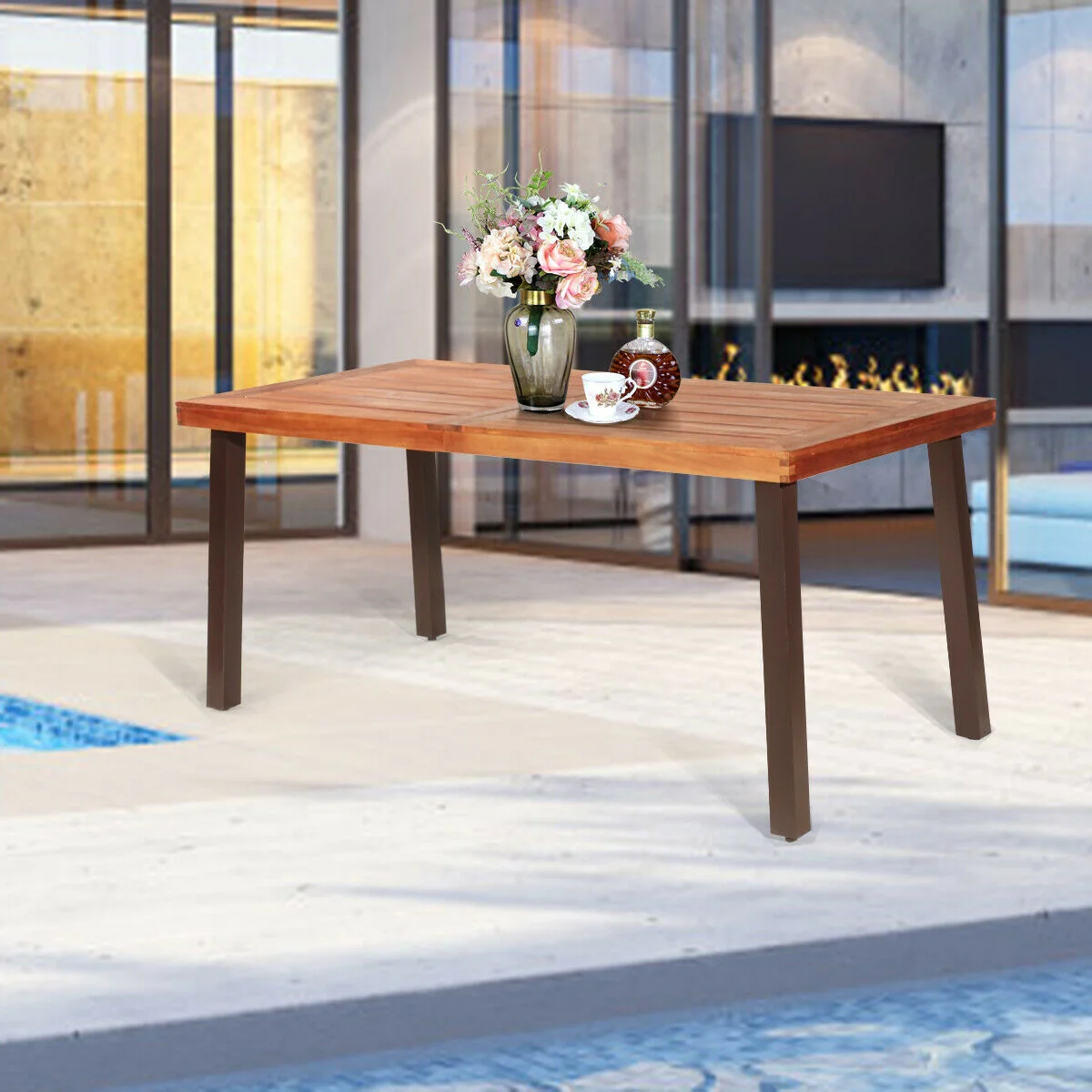Rectangular Acacia Wood Dining Table, Brown - Image 9