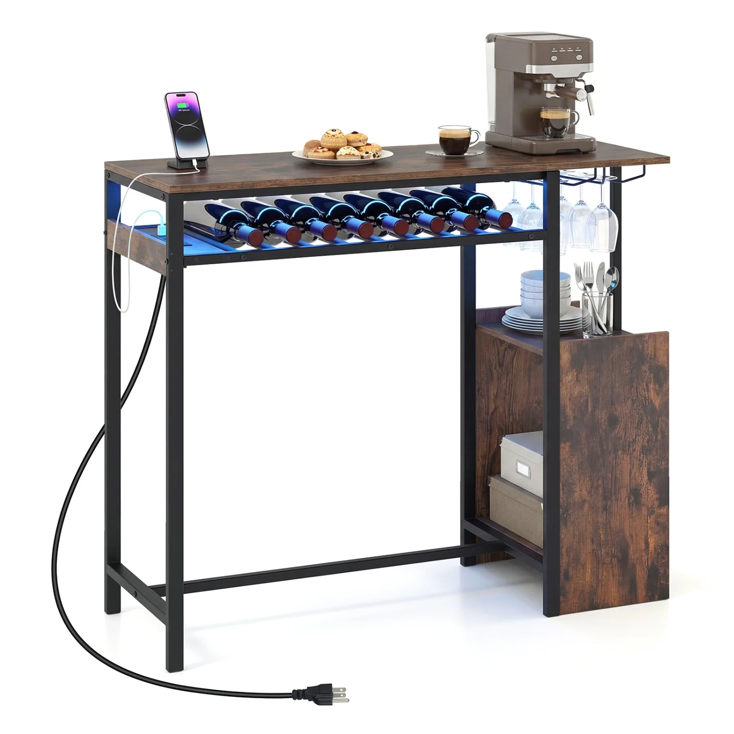 Rectangular Bar Table, Charging Station, LED, Rustic Brown