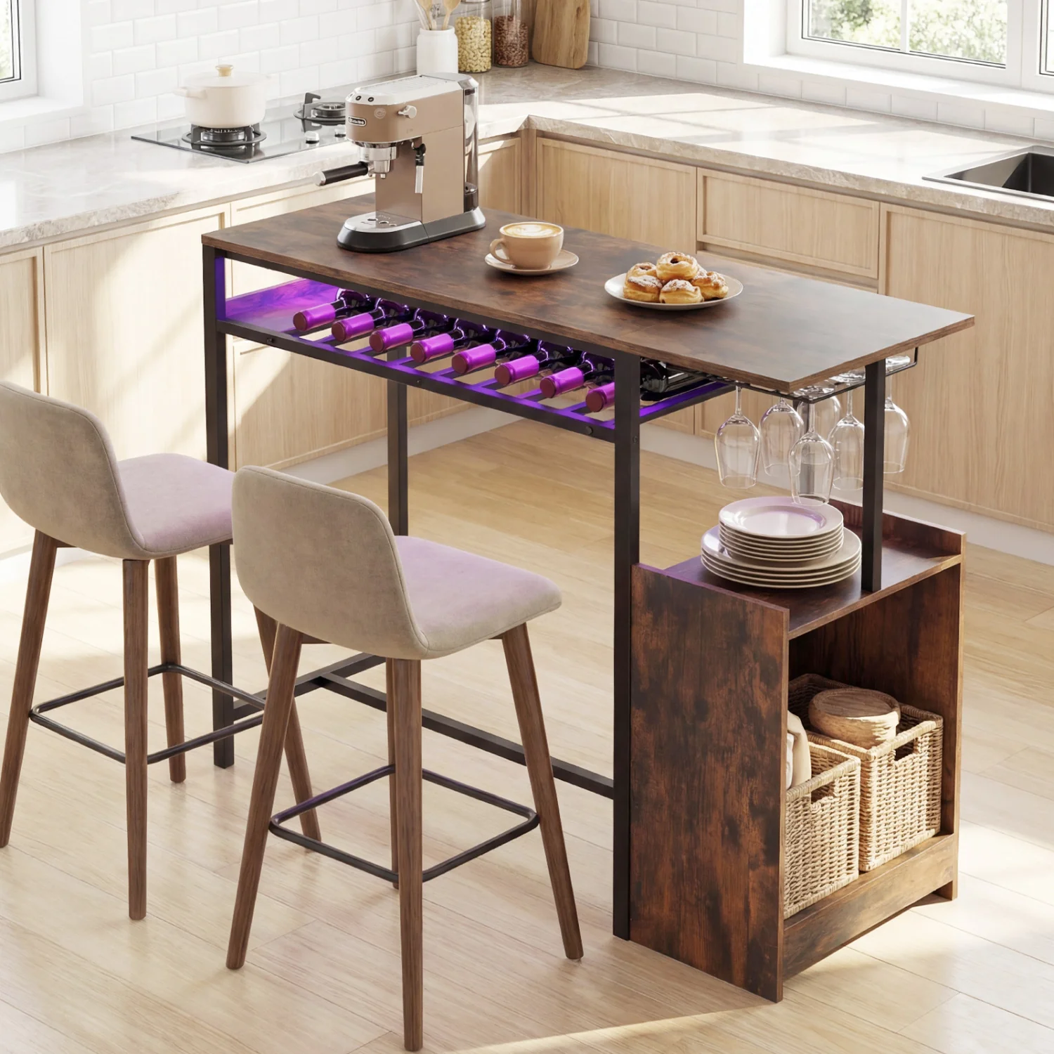Rectangular Bar Table, Charging Station, LED, Rustic Brown - Image 2