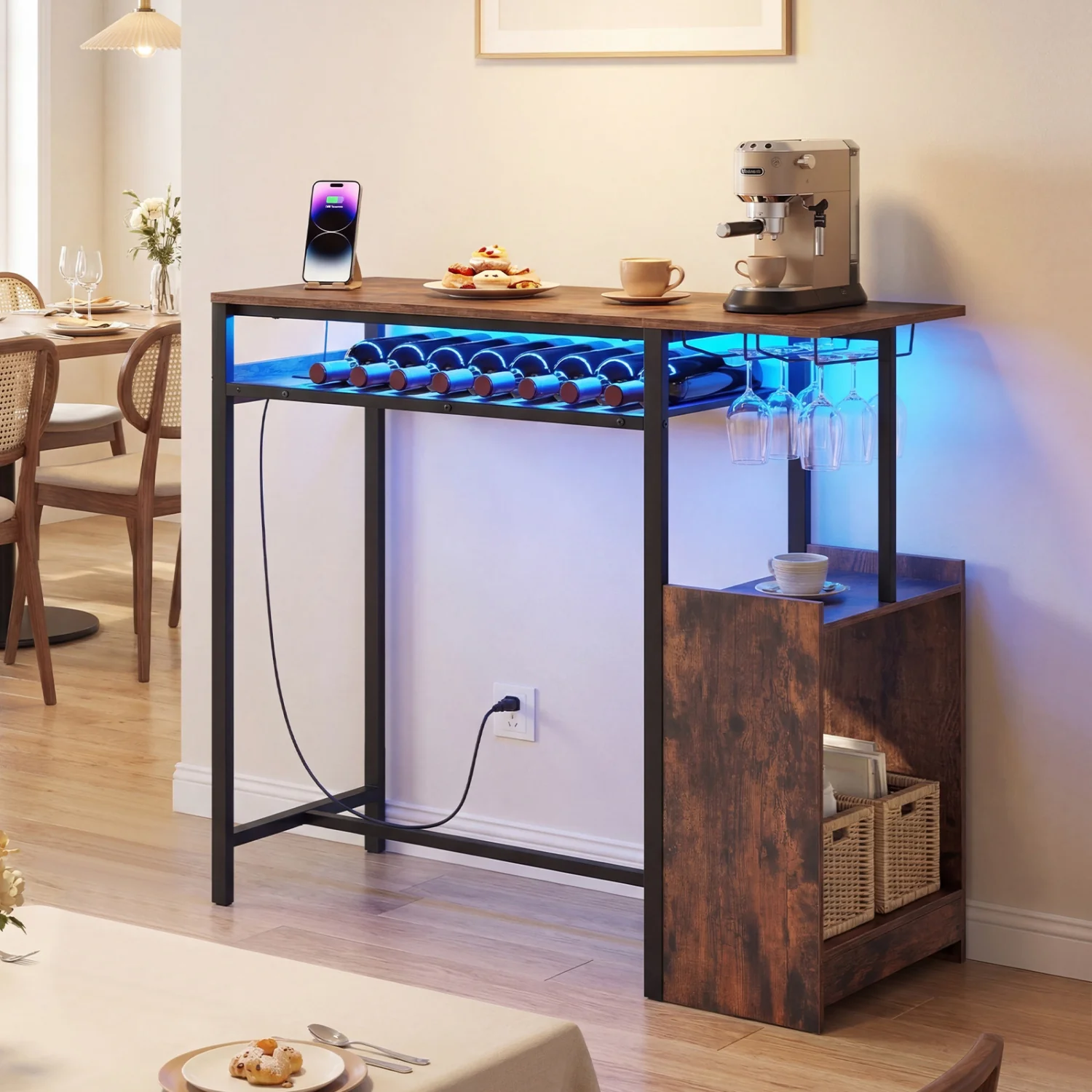 Rectangular Bar Table, Charging Station, LED, Rustic Brown - Image 3