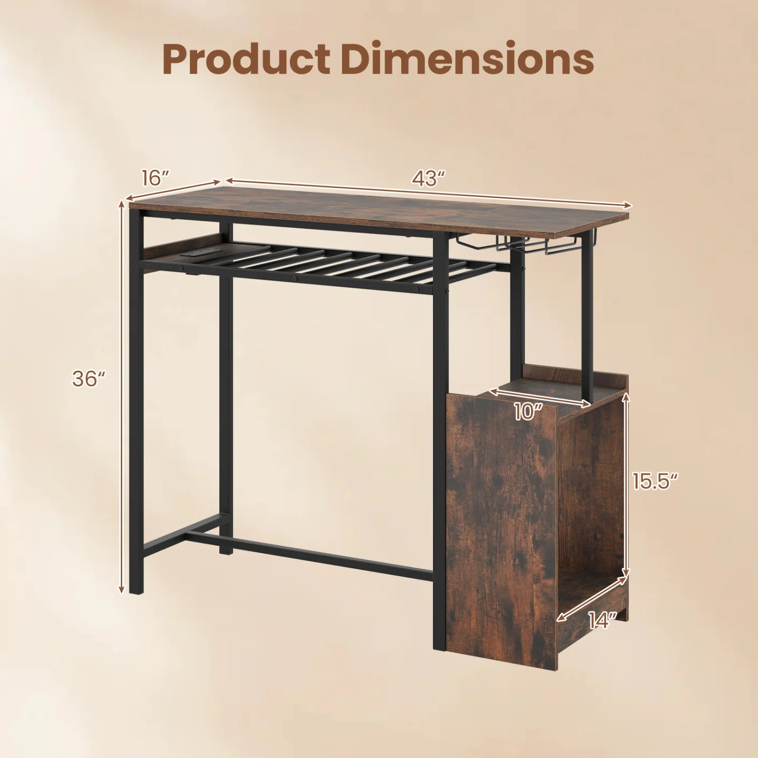 Rectangular Bar Table, Charging Station, LED, Rustic Brown - Image 5