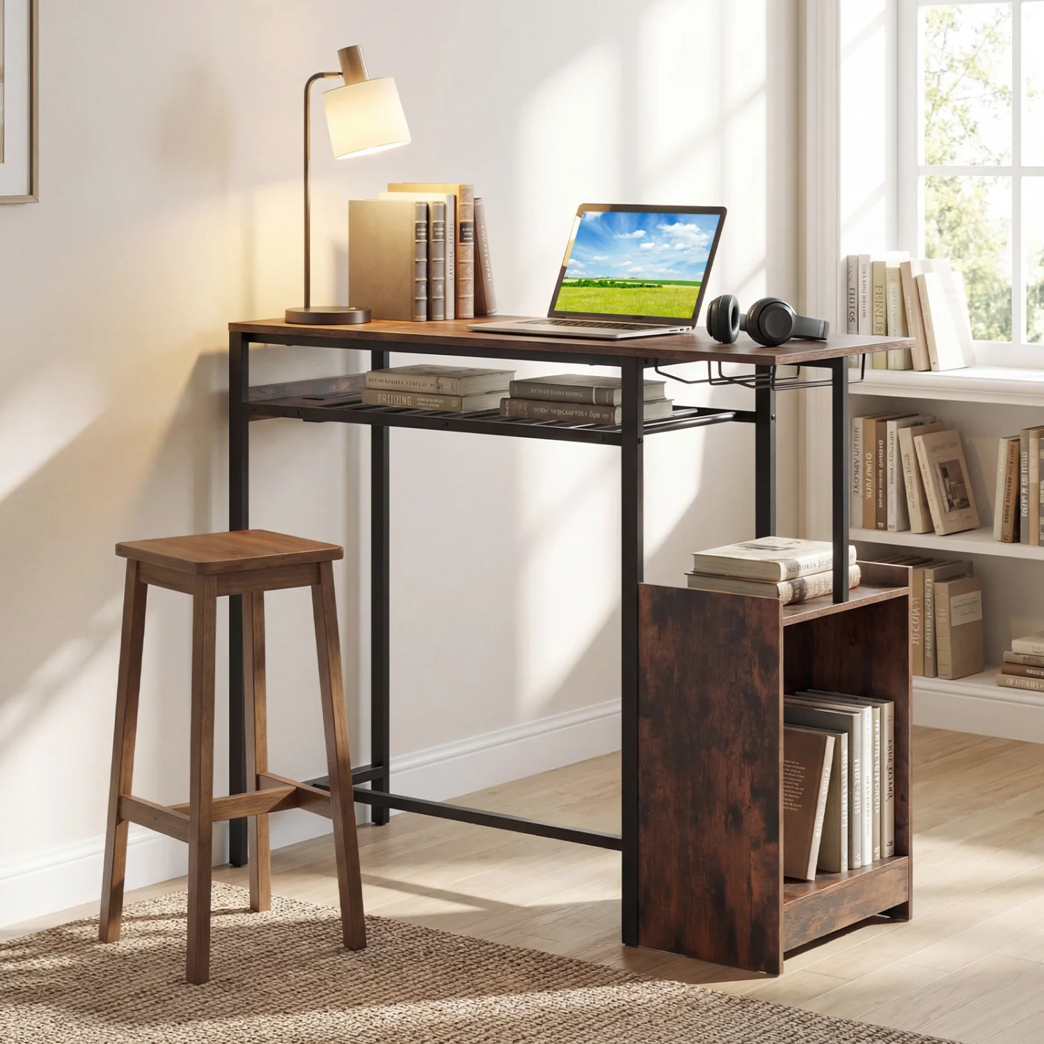Rectangular Bar Table, Charging Station, LED, Rustic Brown - Image 6