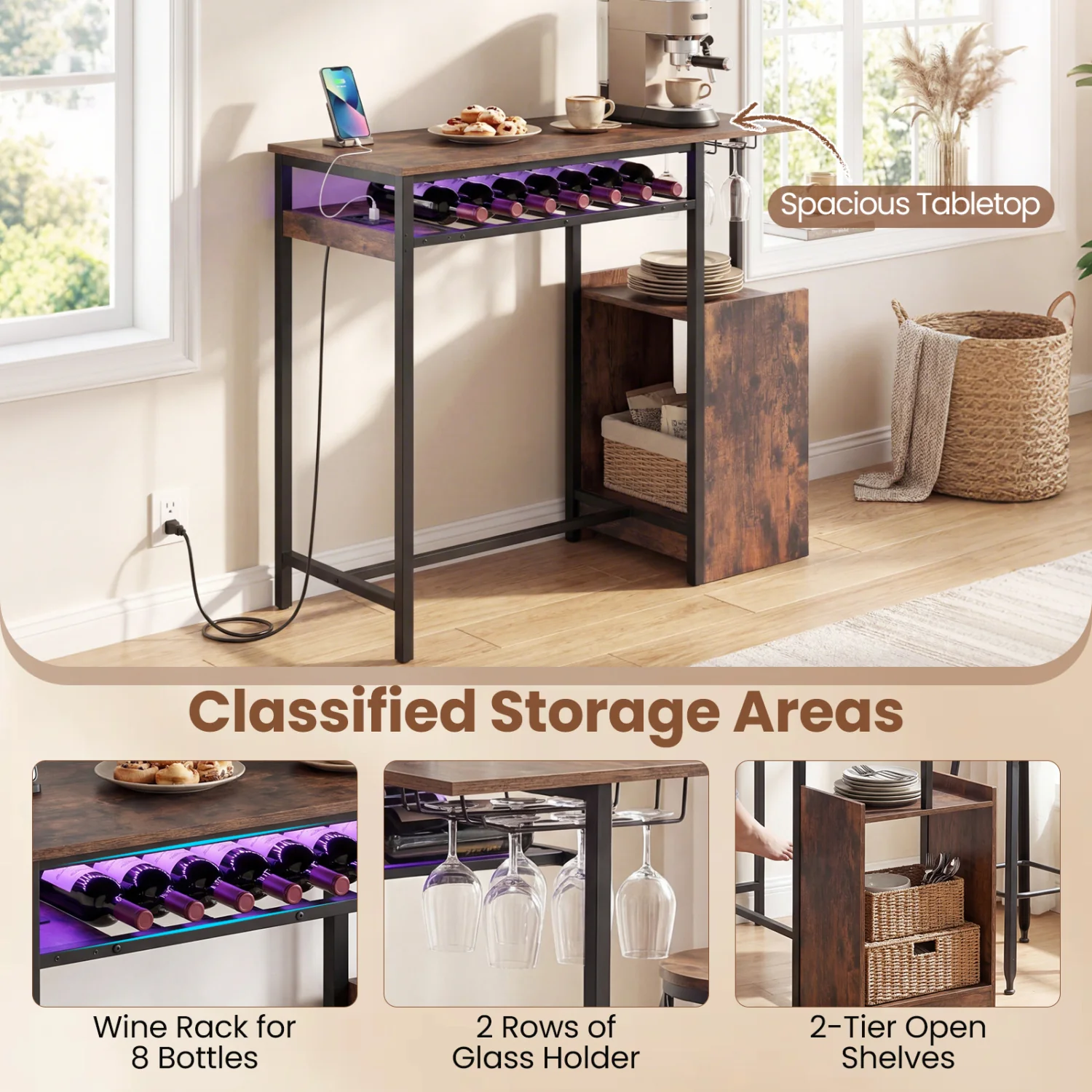 Rectangular Bar Table, Charging Station, LED, Rustic Brown - Image 7