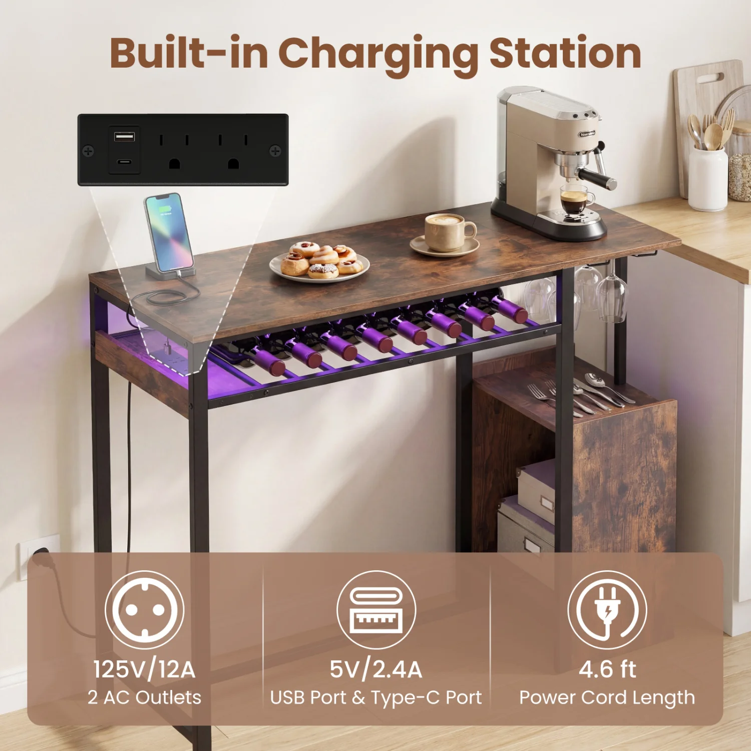 Rectangular Bar Table, Charging Station, LED, Rustic Brown - Image 8