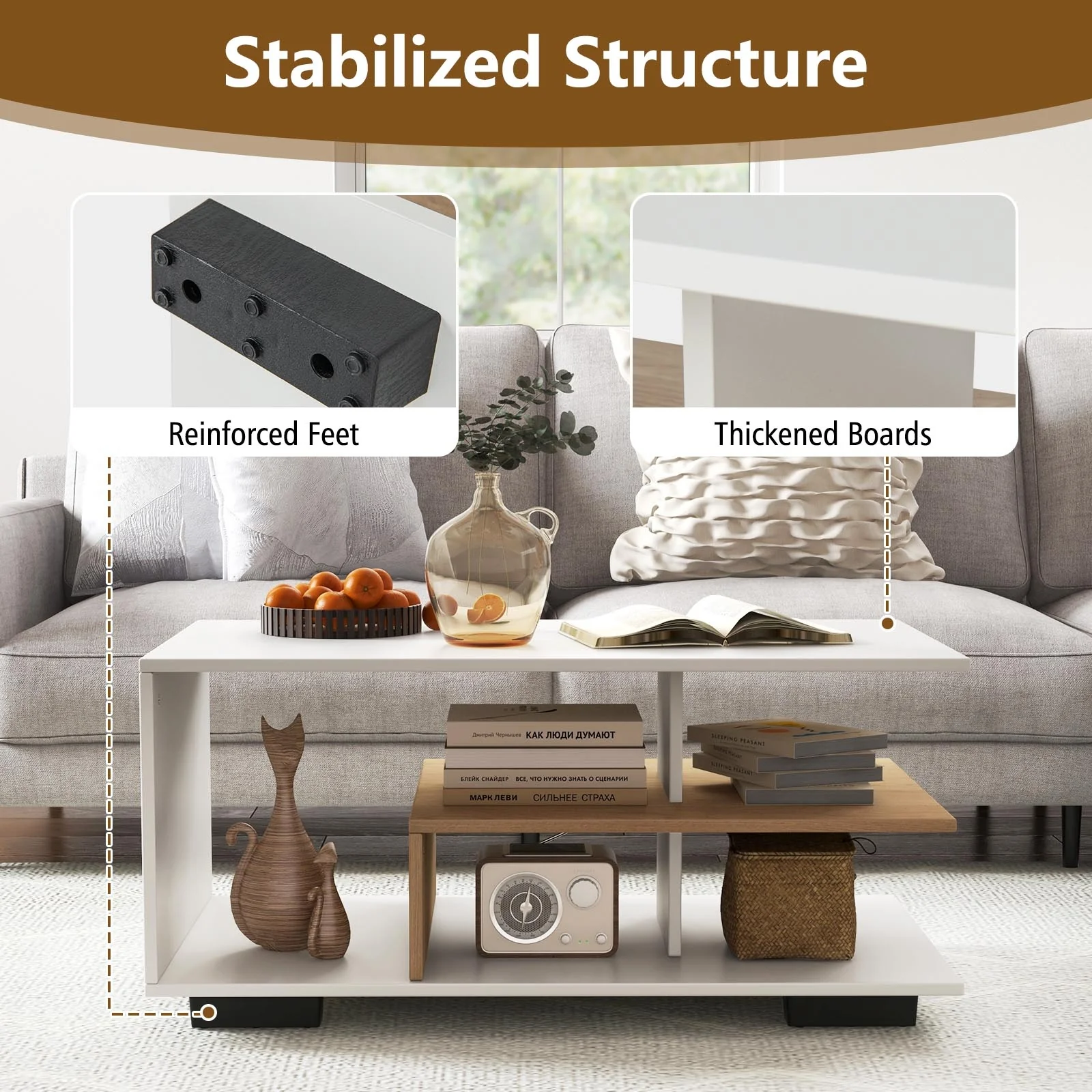 Rectangular Coffee Table, L-Shaped Middle Shelf, White - Image 10