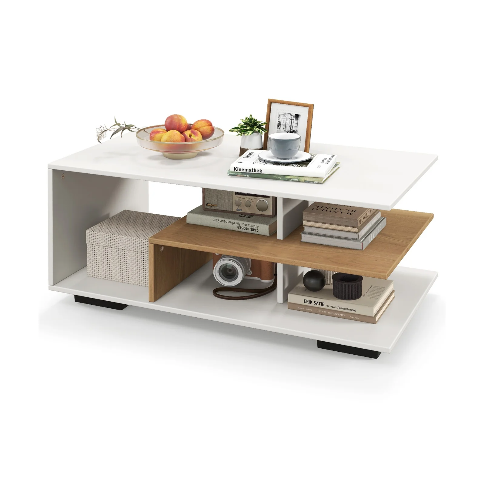 Rectangular Coffee Table, L-Shaped Middle Shelf, White - Image 4