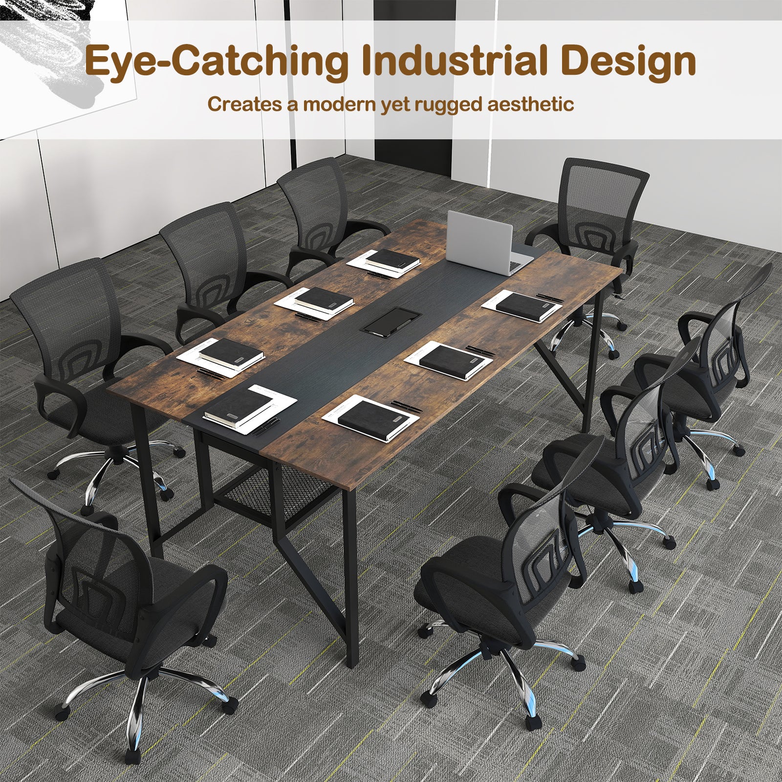 Rectangular Meeting Table with Mesh Storage Shelf and Cable Grommet-GY, Rustic Brown - Image 10