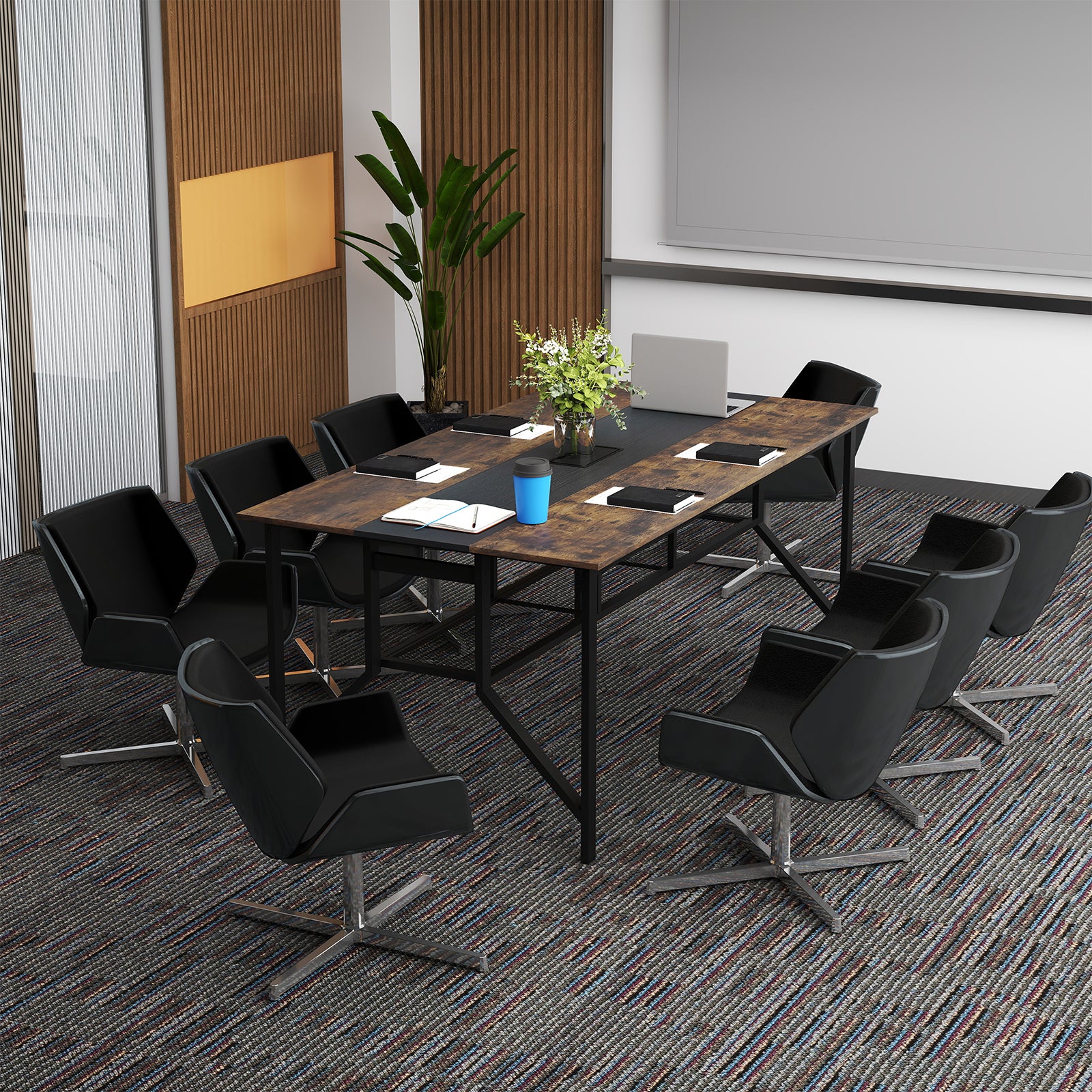 Rectangular Meeting Table with Mesh Storage Shelf and Cable Grommet-GY, Rustic Brown - Image 2