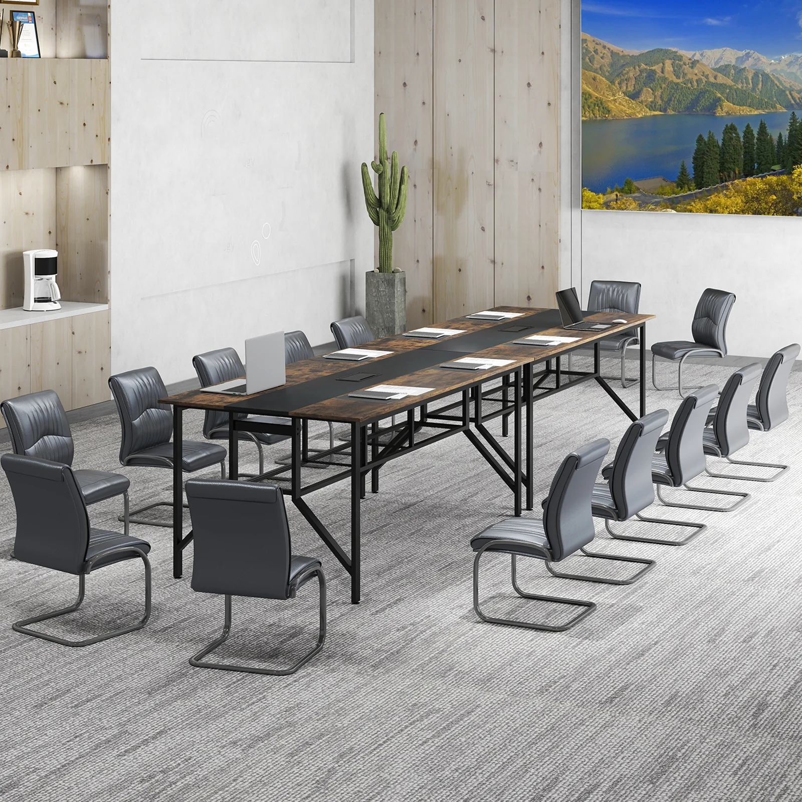Rectangular Meeting Table with Mesh Storage Shelf and Cable Grommet-GY, Rustic Brown - Image 3