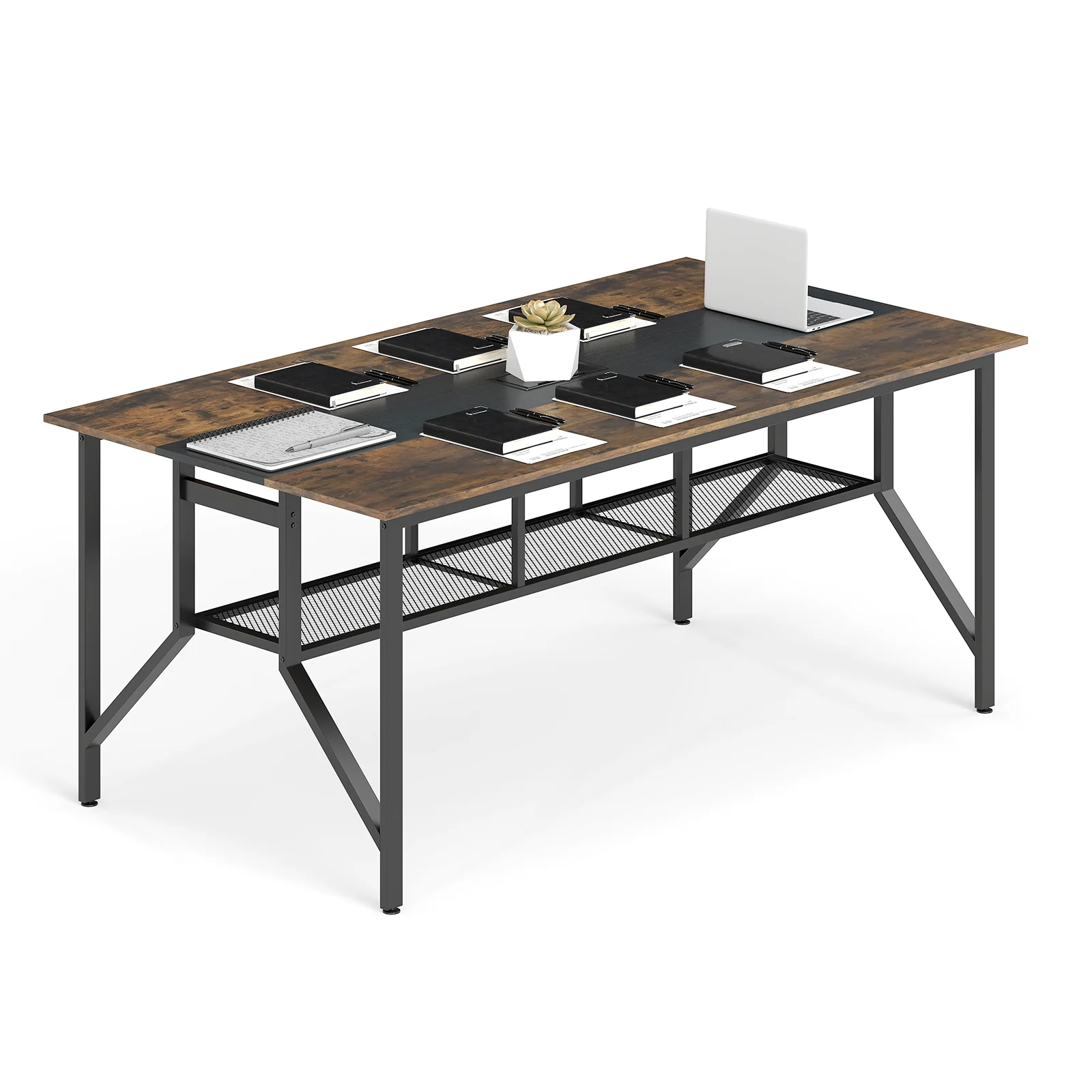 Rectangular Meeting Table with Mesh Storage Shelf and Cable Grommet-GY, Rustic Brown - Image 4