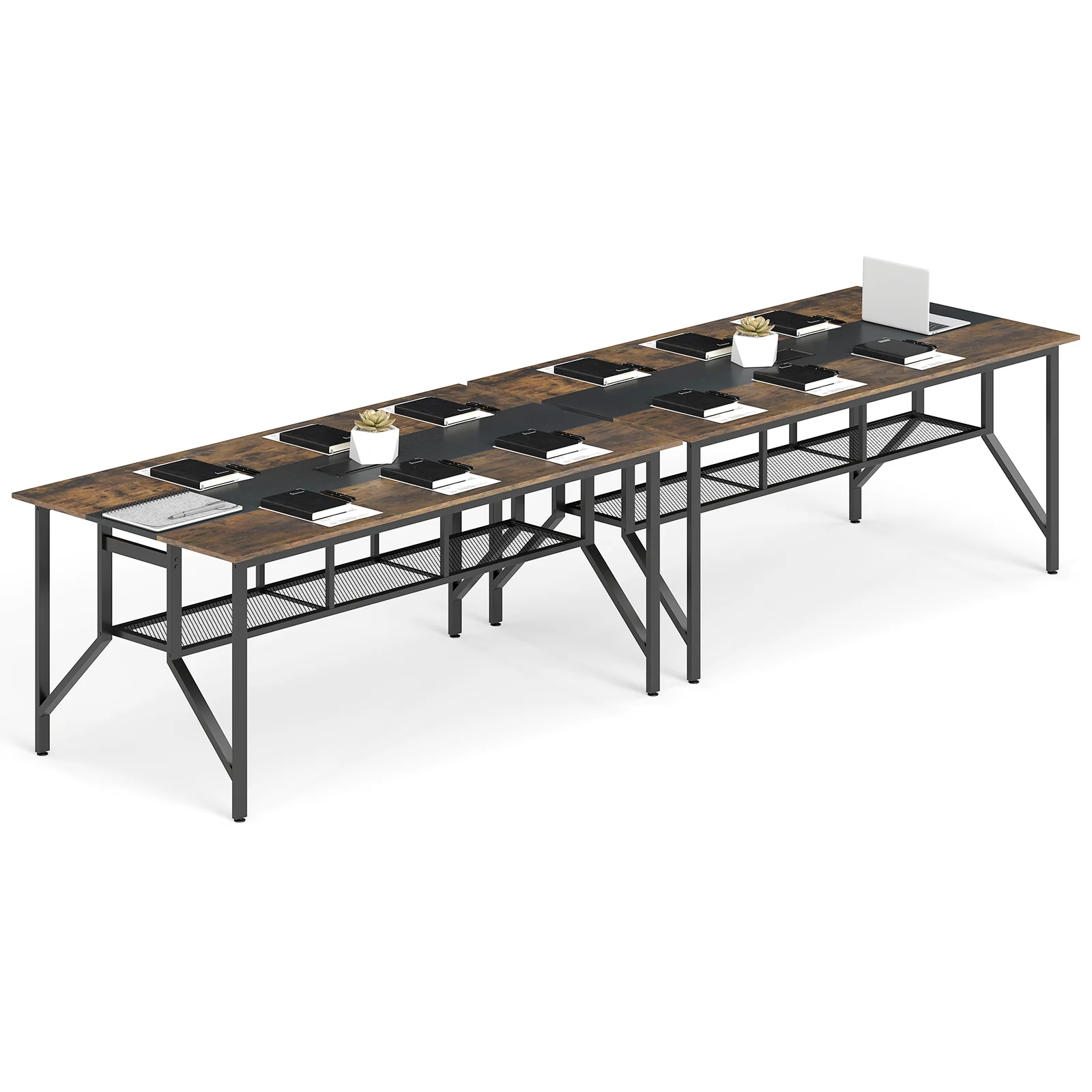Rectangular Meeting Table with Mesh Storage Shelf and Cable Grommet-GY, Rustic Brown - Image 5