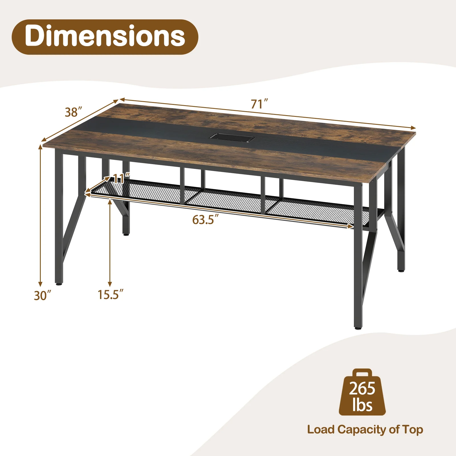 Rectangular Meeting Table with Mesh Storage Shelf and Cable Grommet-GY, Rustic Brown - Image 6