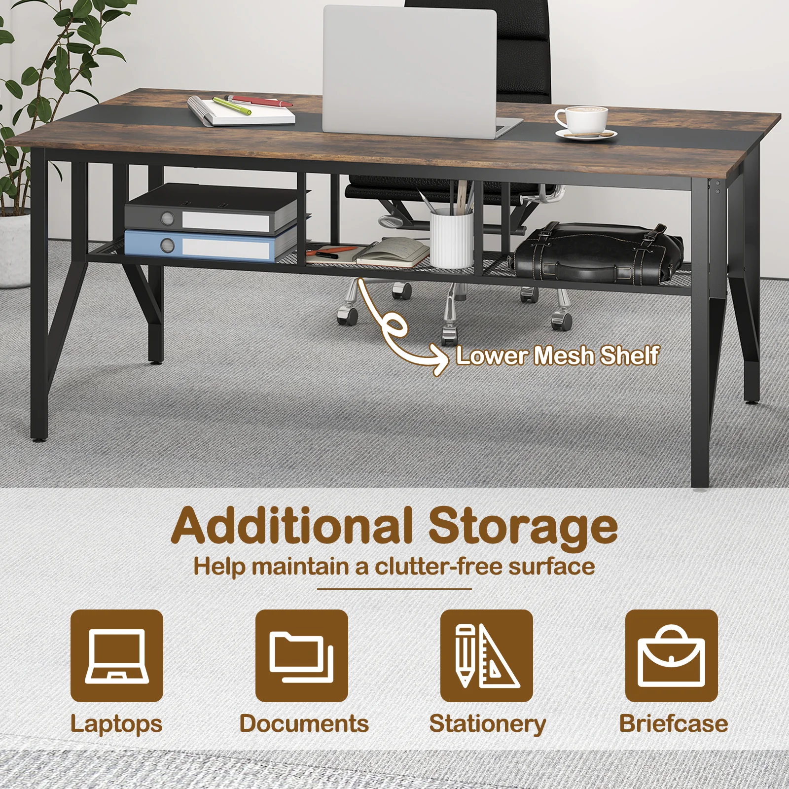 Rectangular Meeting Table with Mesh Storage Shelf and Cable Grommet-GY, Rustic Brown - Image 8