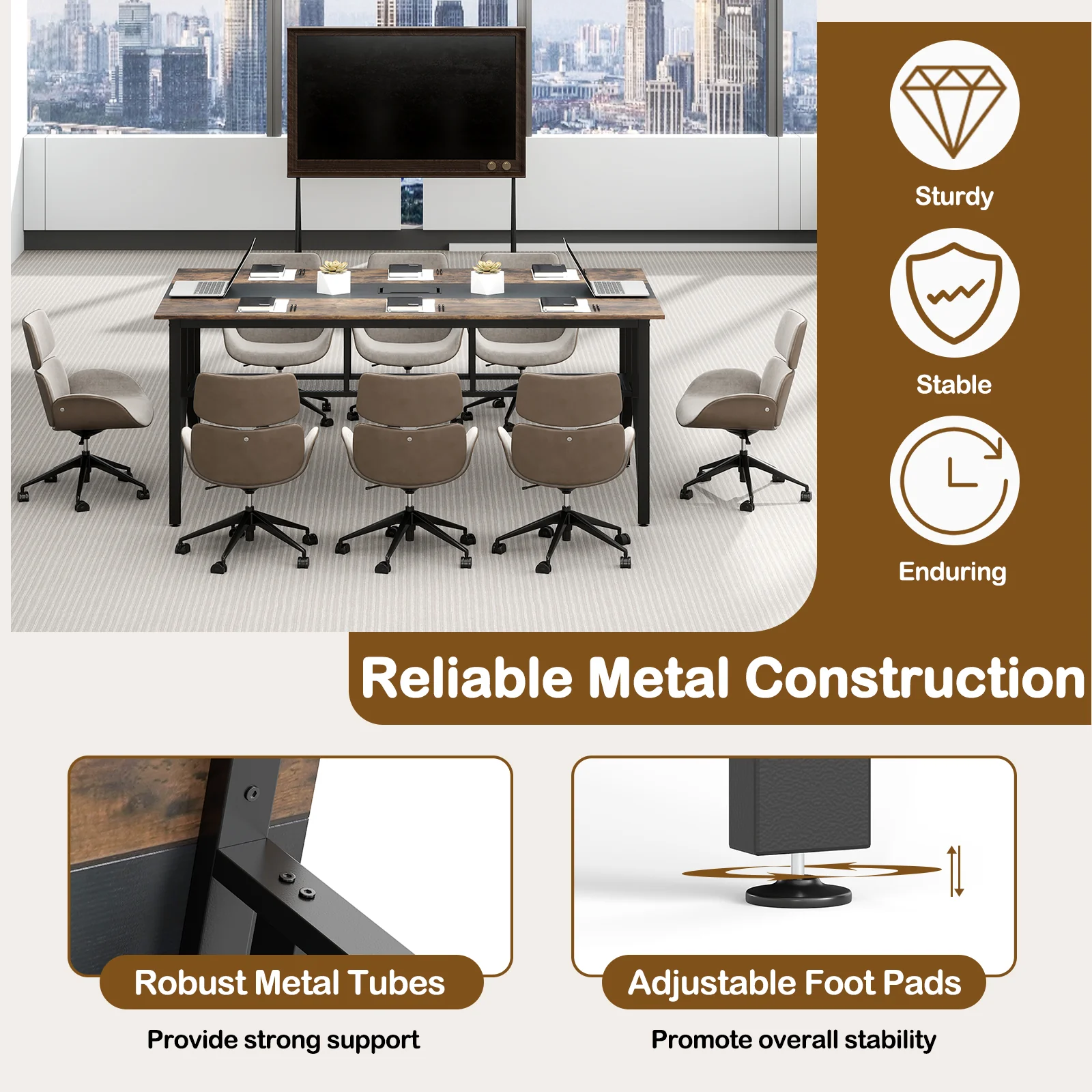 Rectangular Meeting Table with Mesh Storage Shelf and Cable Grommet-GY, Rustic Brown - Image 9