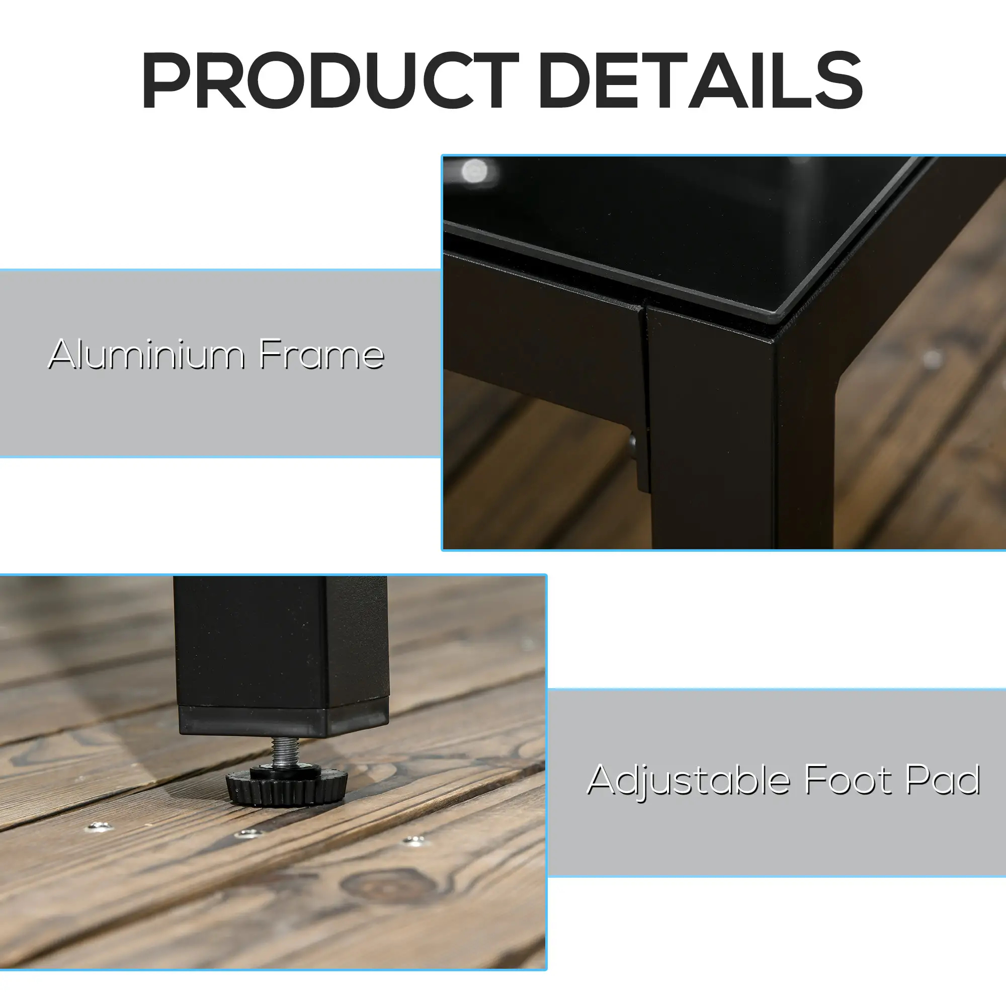 Rectangular Outdoor Dining Table For 8, Tempered Glass Top, Aluminum Frame, 70.9" x 31.5" x 28.3", Black - Image 5