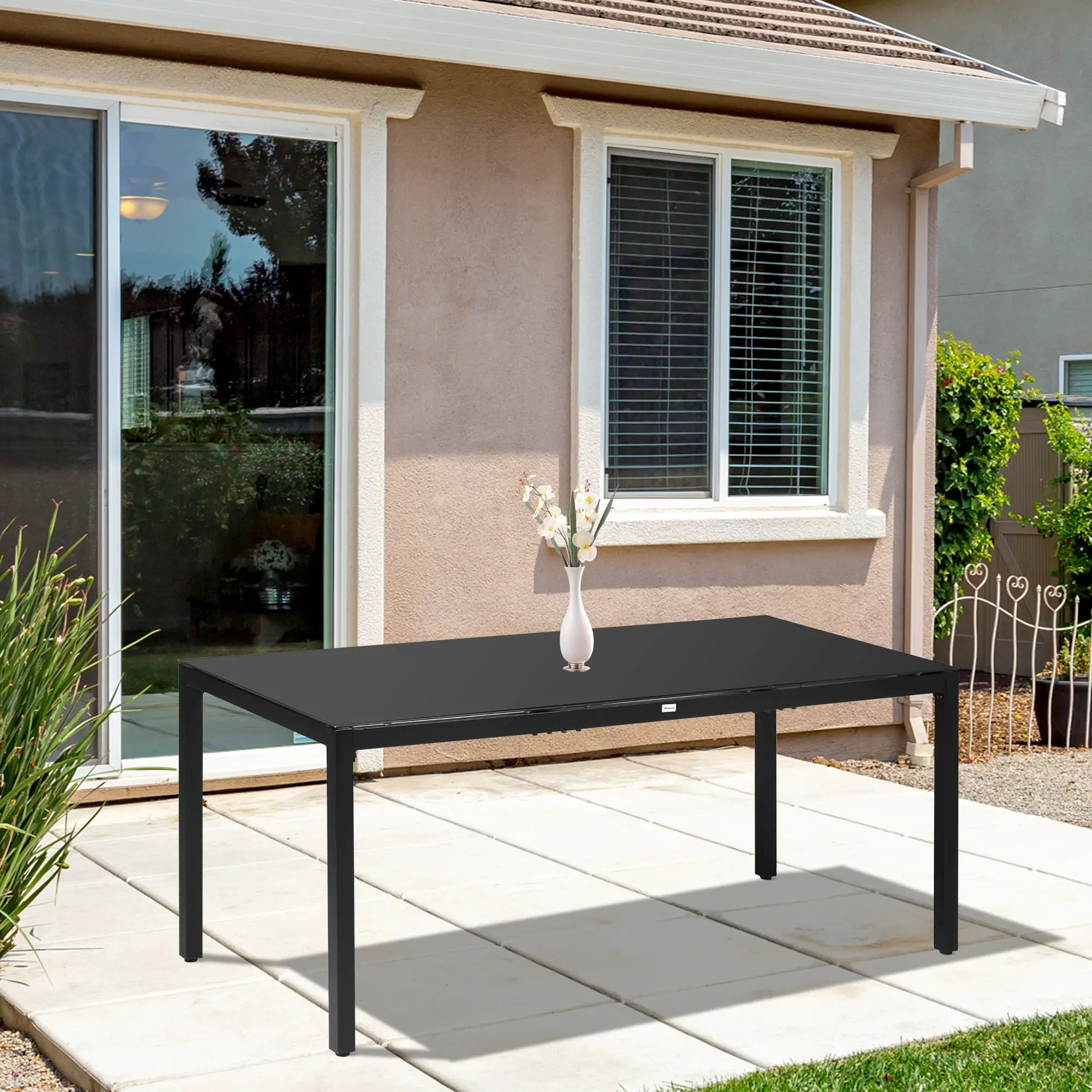 Rectangular Outdoor Dining Table For 8, Tempered Glass Top, Aluminum Frame, 70.9" x 31.5" x 28.3", Black - Image 8