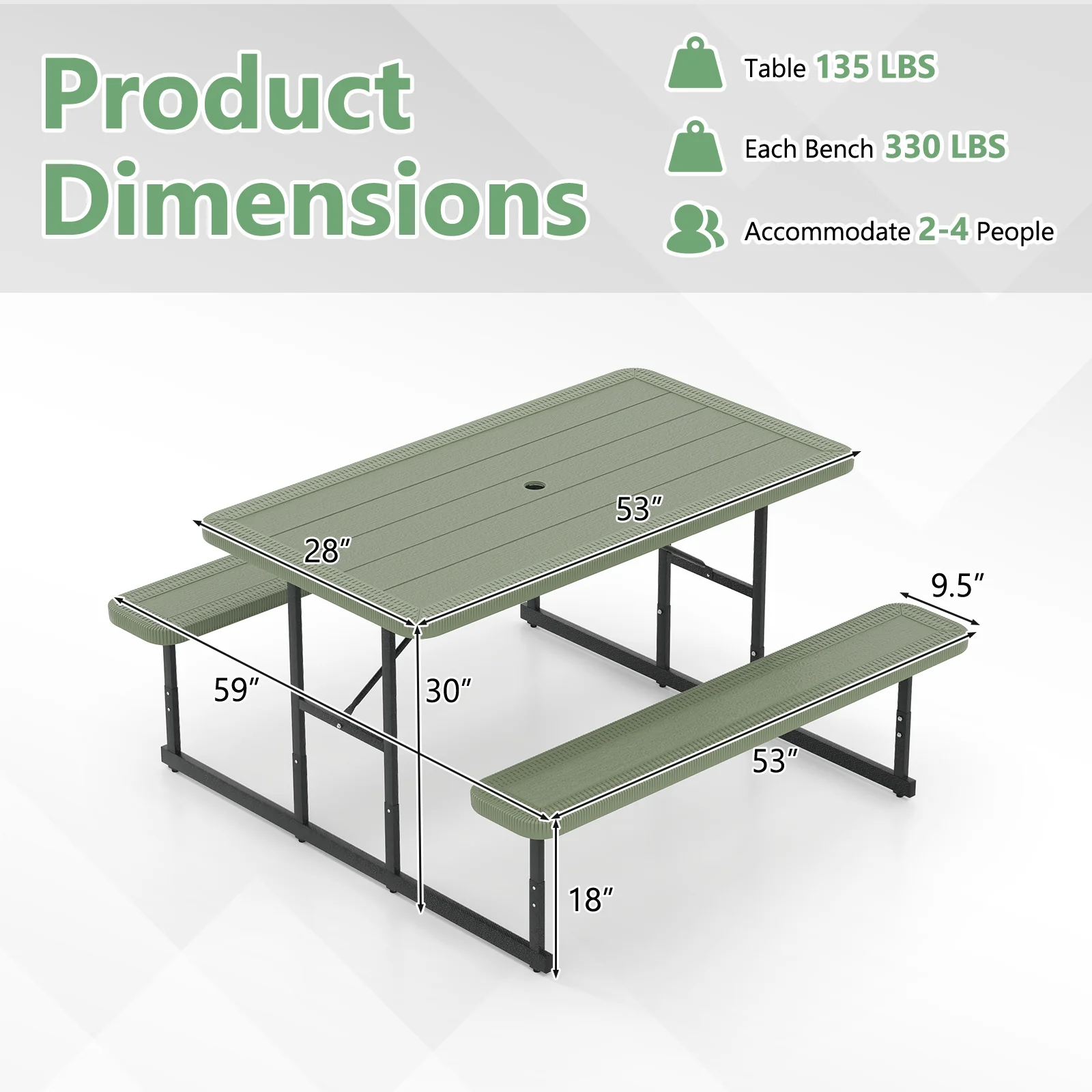 Rectangular Picnic Table Bench Set For 2-4 People, Green - Image 5