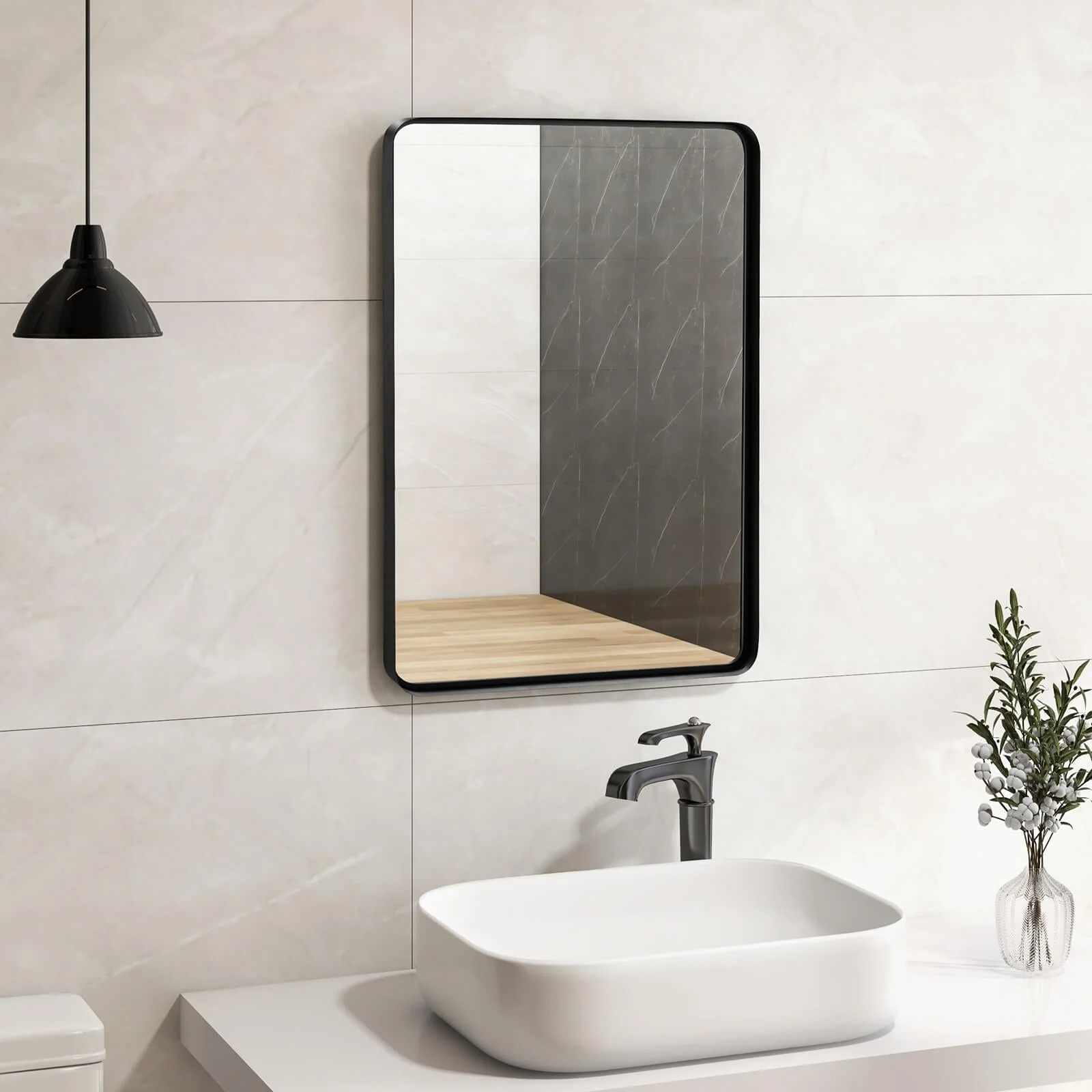 Rectangular Wall Mount Bathroom Mirror, Solid Steel Frame, M, Black - Image 2