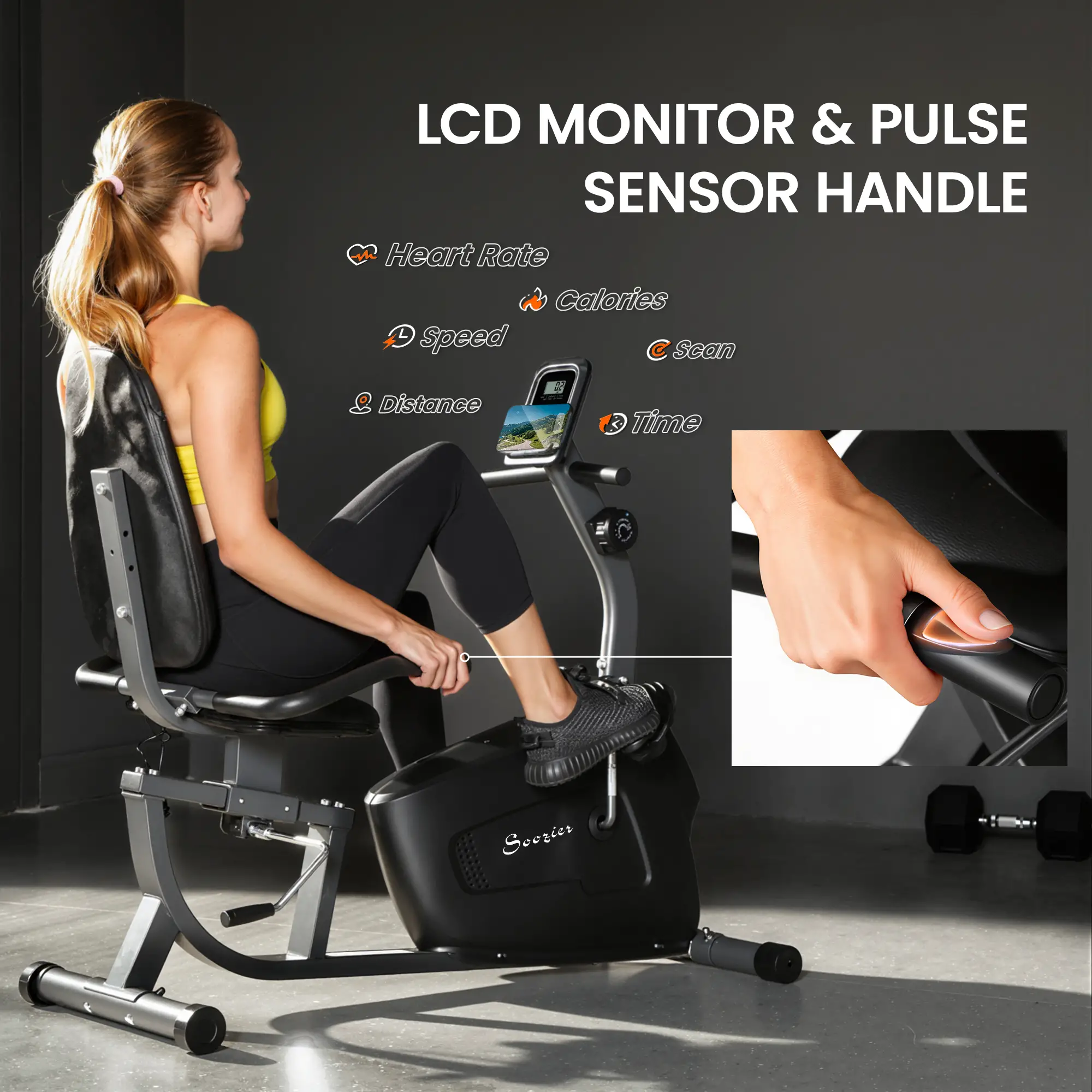 Recumbent Exercise Bike, 8-Level Magnetic Resistance, LCD Monitor, Heart Rate Handle, Adjustable Seat - Image 5