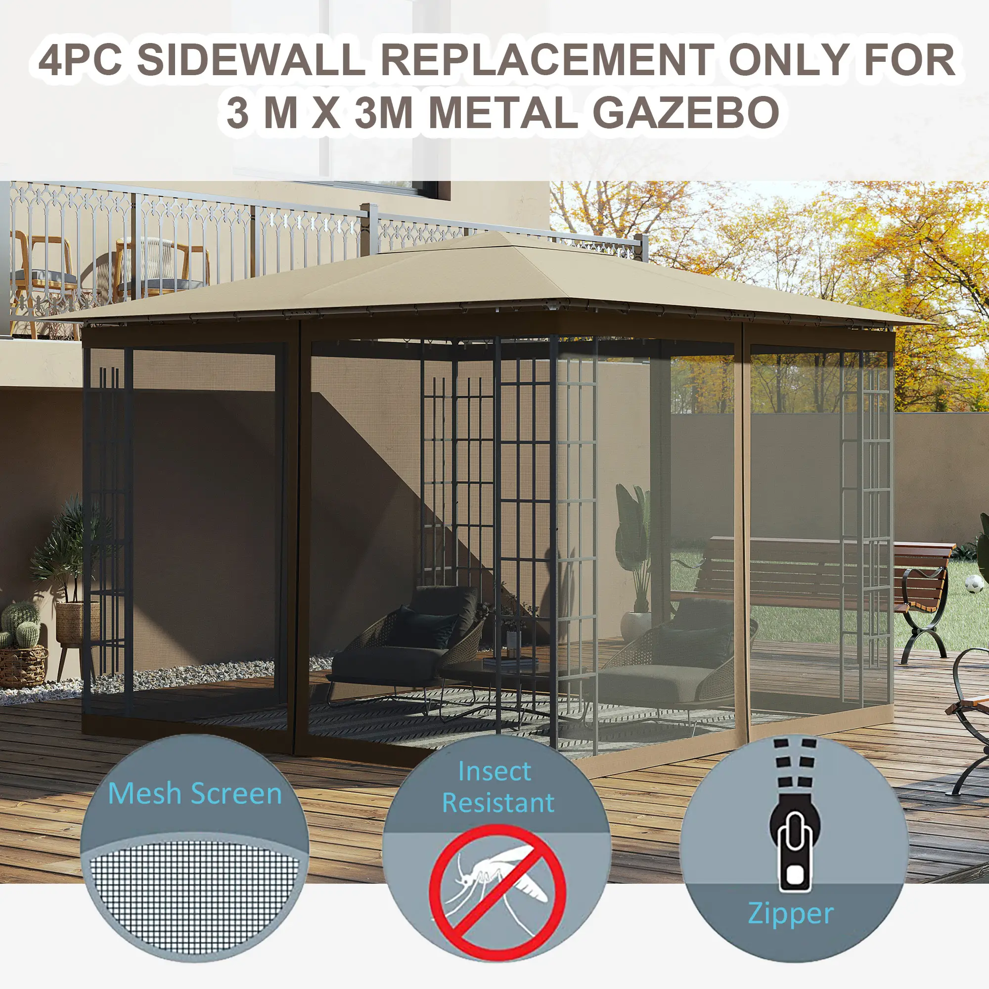 Replacement Mosquito Netting, Gazebo 10' x 10', Khaki, Black - Image 4