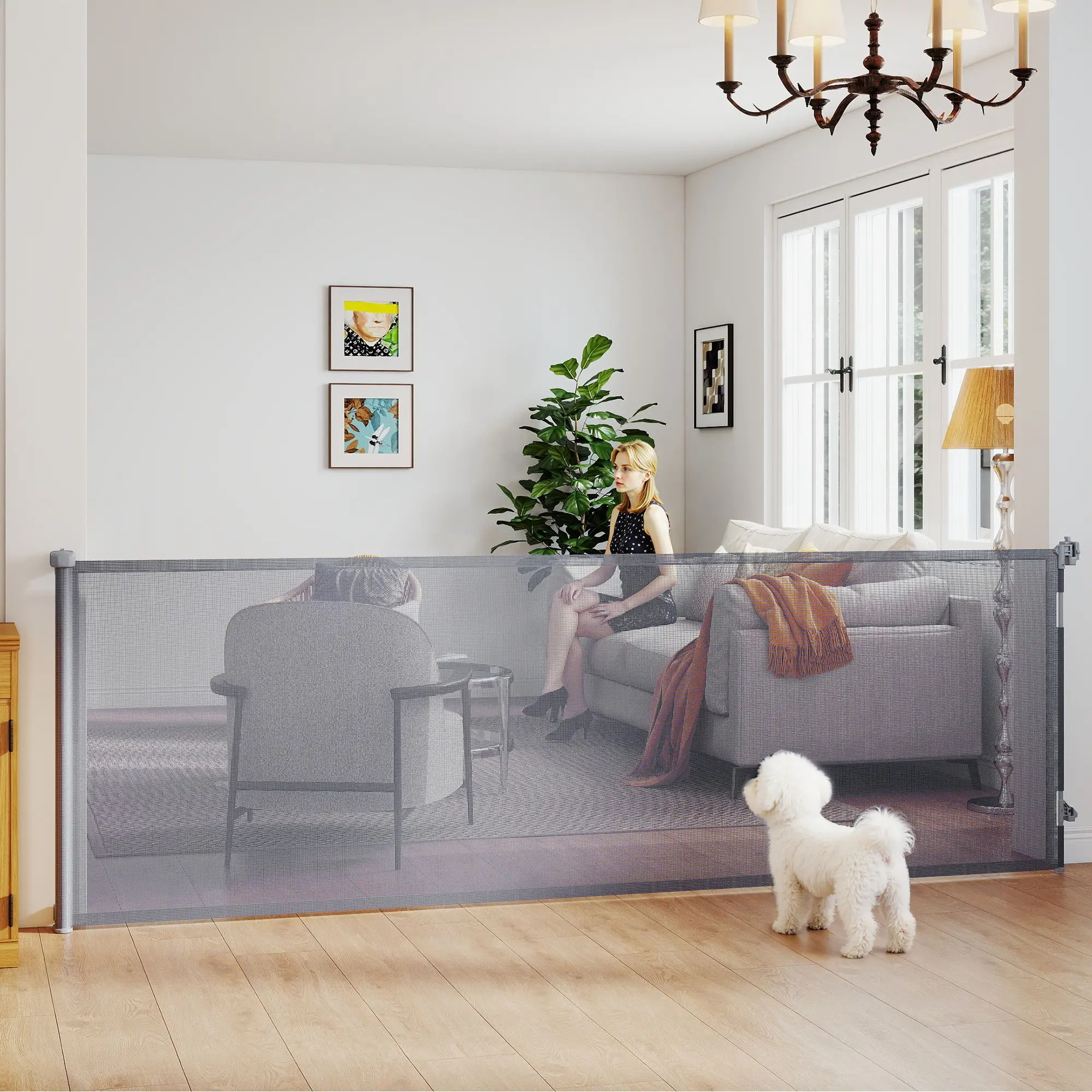 Retractable Dog Gate, 41" Tall, 122" Wide, Mesh Pet Gate - Image 2