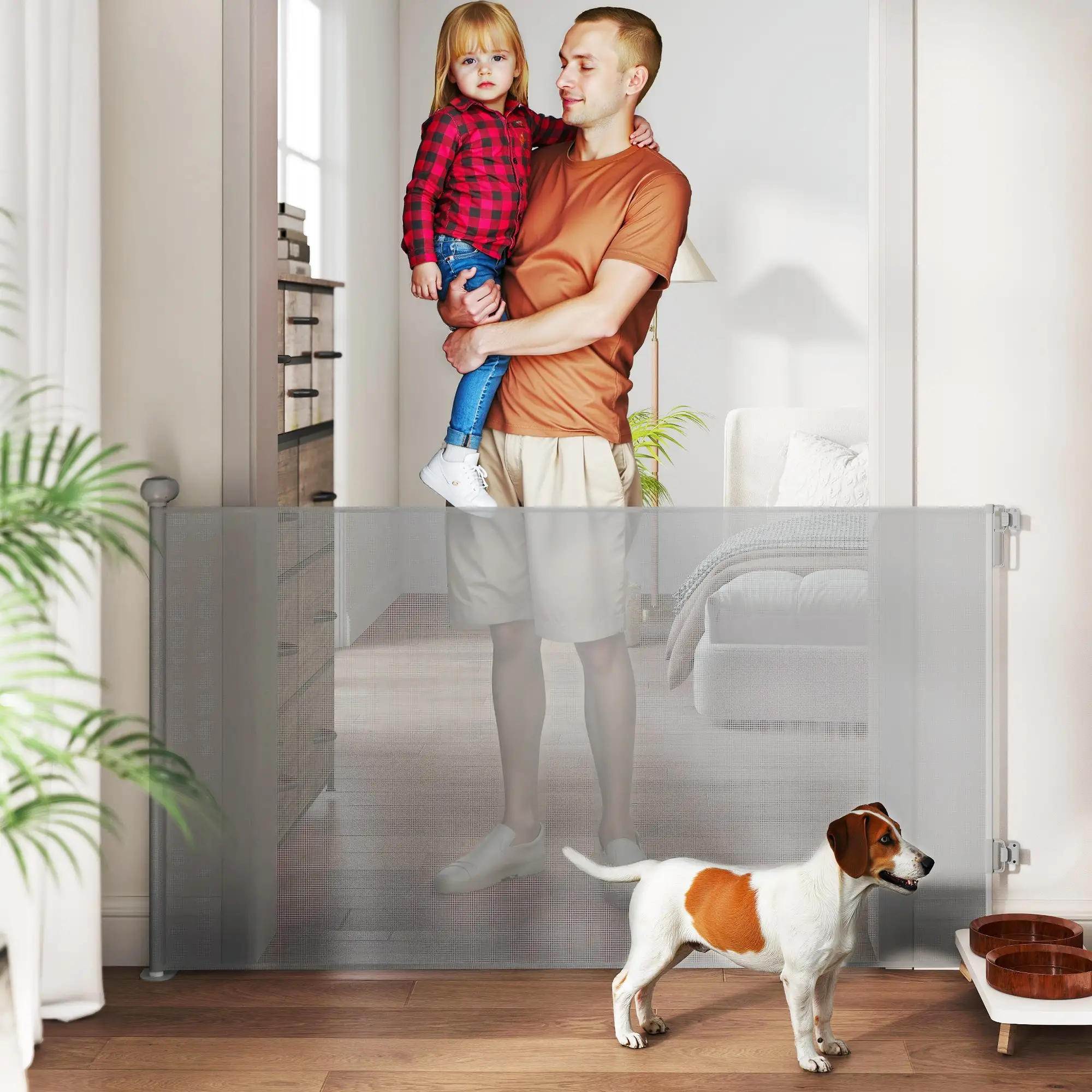 Retractable Dog Gate, 55" Wide, 34" Tall, Indoor Outdoor, Grey - Image 2