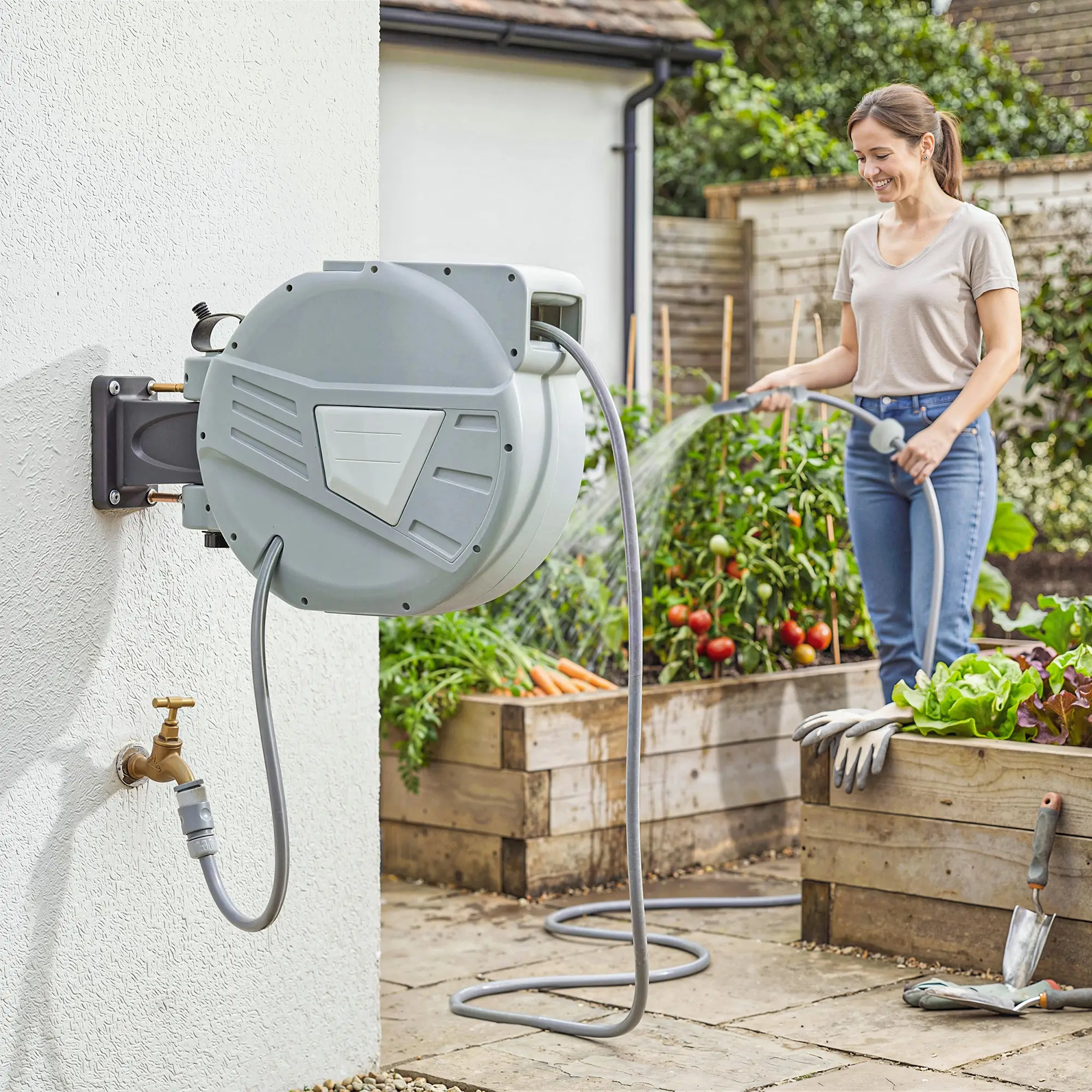 Retractable Garden Hose Reel, 1/2" x 98ft, Wall Mounted, Grey - Image 2