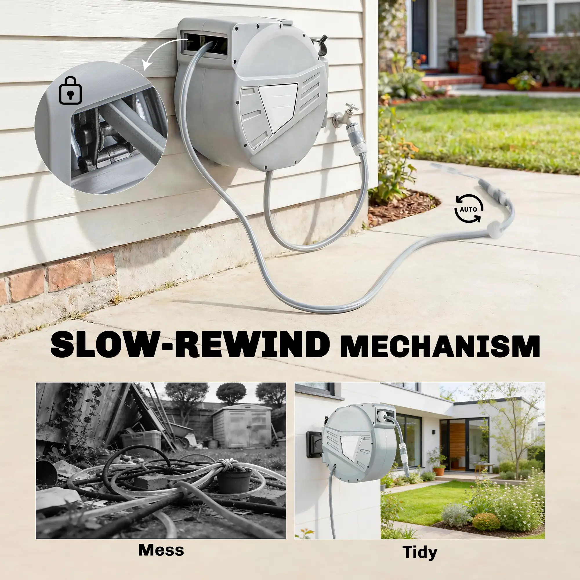 Retractable Garden Hose Reel, 1/2" x 98ft, Wall Mounted, Grey - Image 5