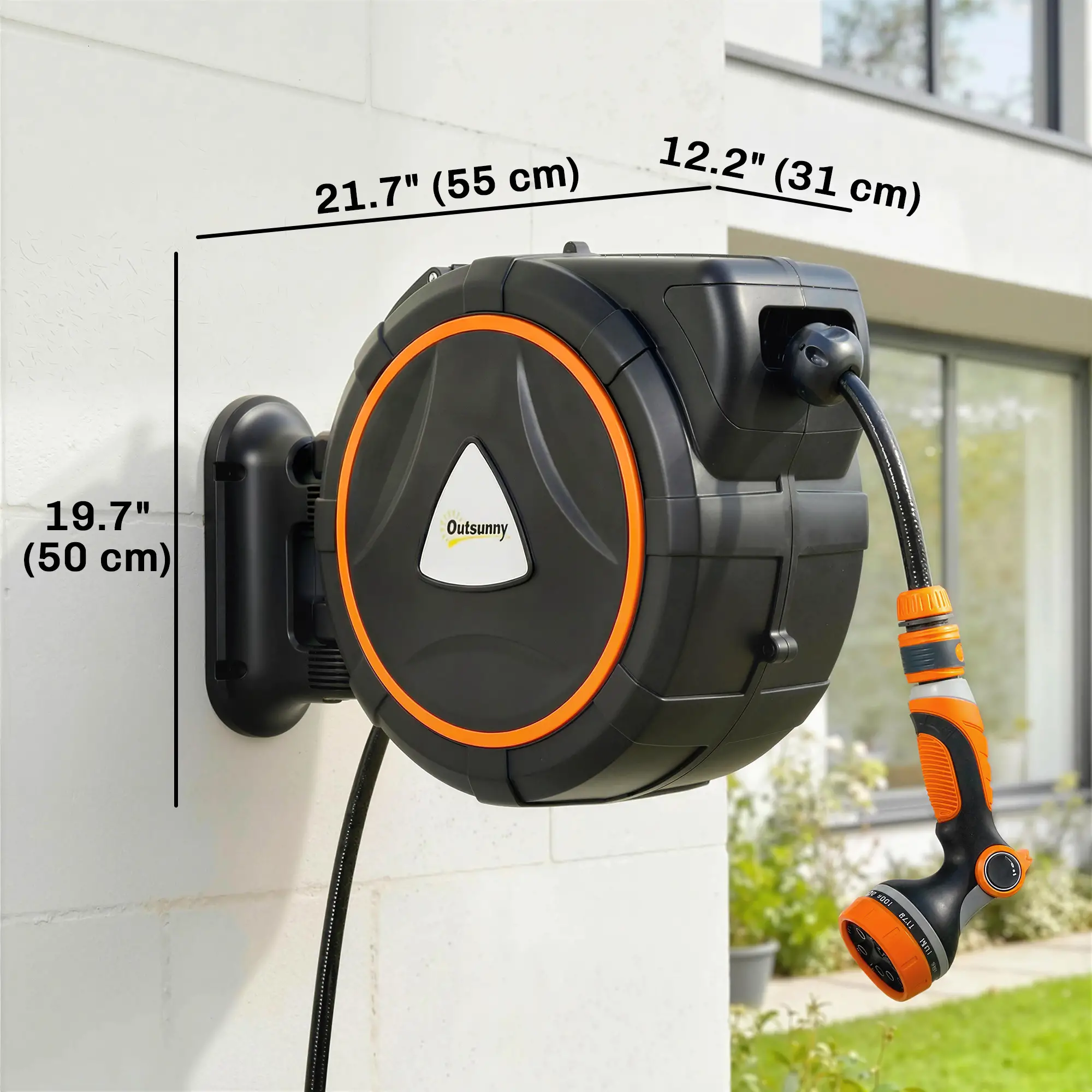 Retractable Garden Hose Reel, 1/2" x 92ft Wall Mounted Hose Reel with 12-Pattern Nozzles, Auto Retraction, Self-Locking - Image 3