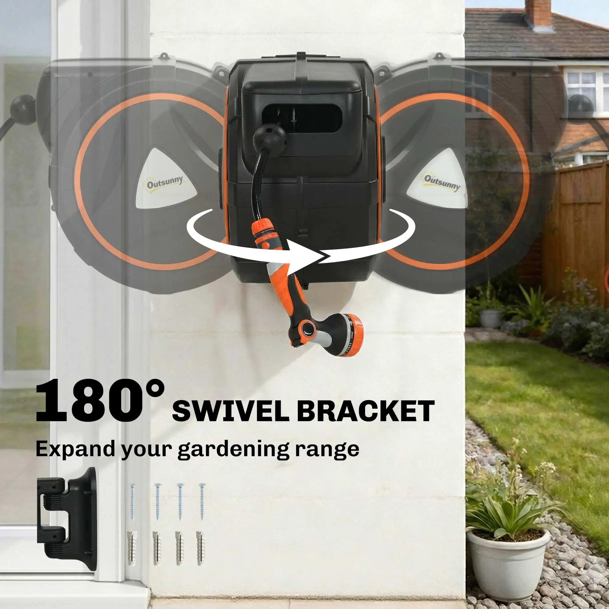 Retractable Garden Hose Reel, 1/2" x 92ft Wall Mounted Hose Reel with 12-Pattern Nozzles, Auto Retraction, Self-Locking - Image 6