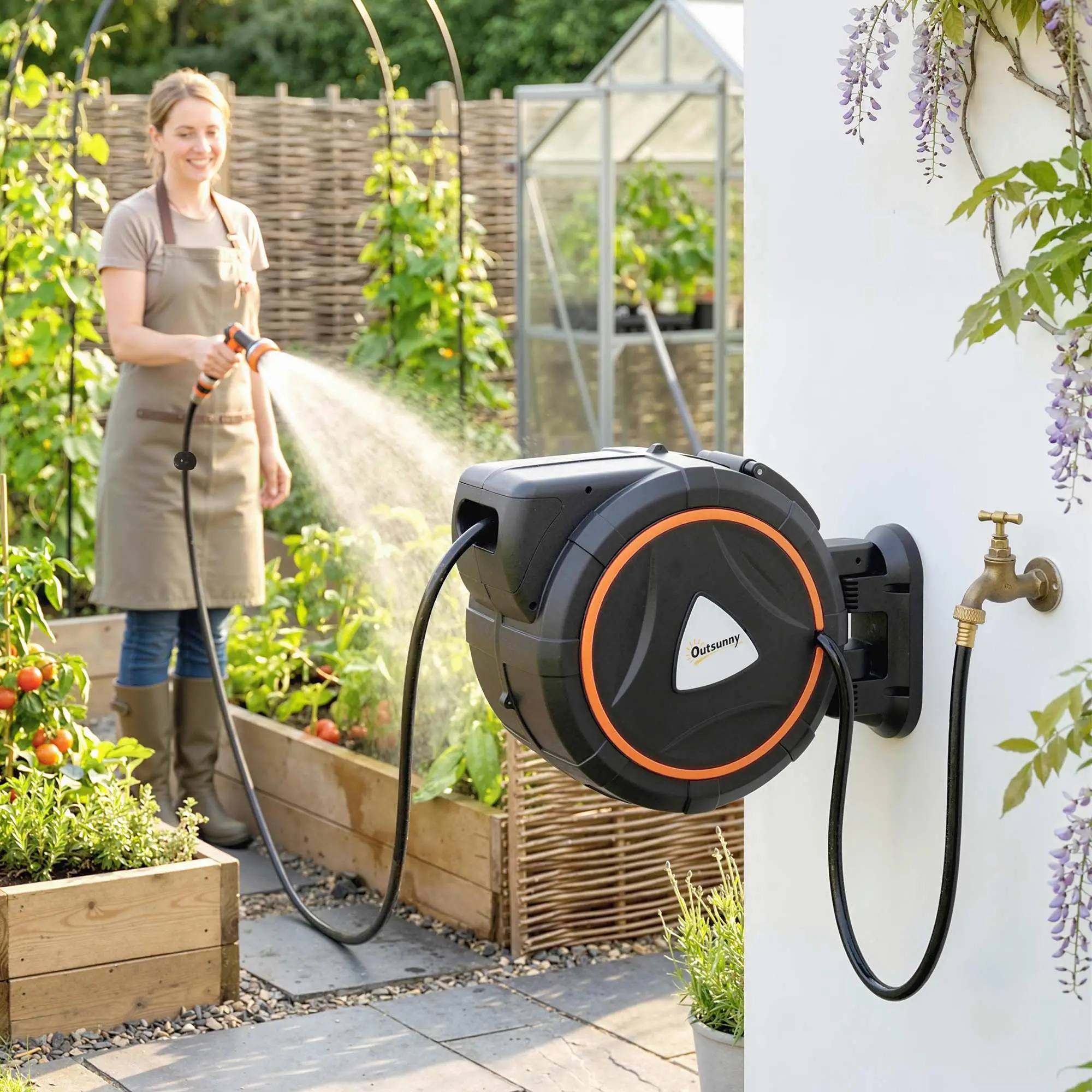 Retractable Garden Hose Reel, 1/2" x 92ft Wall Mounted Hose Reel with 12-Pattern Nozzles, Auto Retraction, Self-Locking - Image 8
