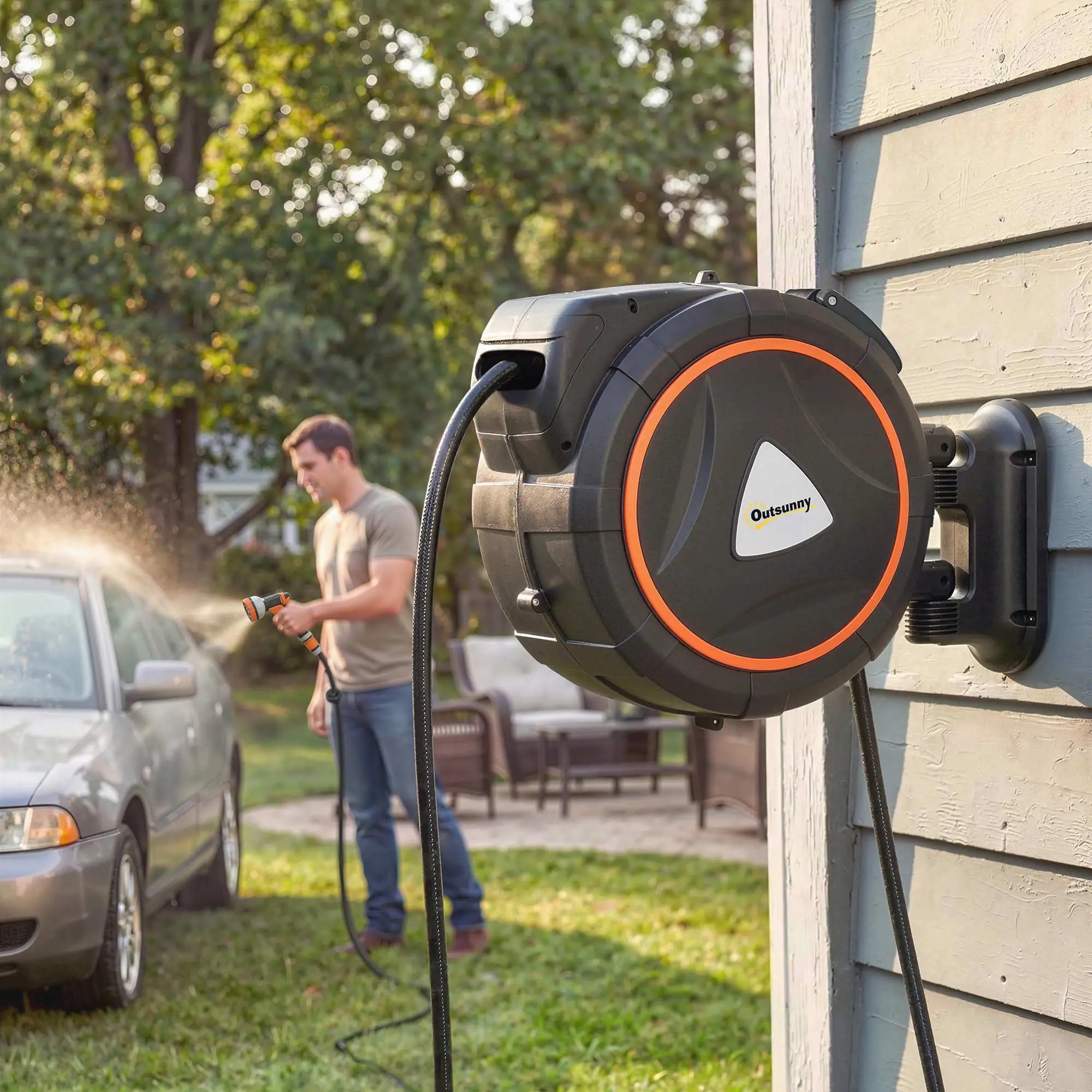 Retractable Garden Hose Reel, 1/2"x75.5ft Wall Mounted Hose Reel with 12-Pattern Nozzles, Auto Retraction, Self-Locking - Image 10