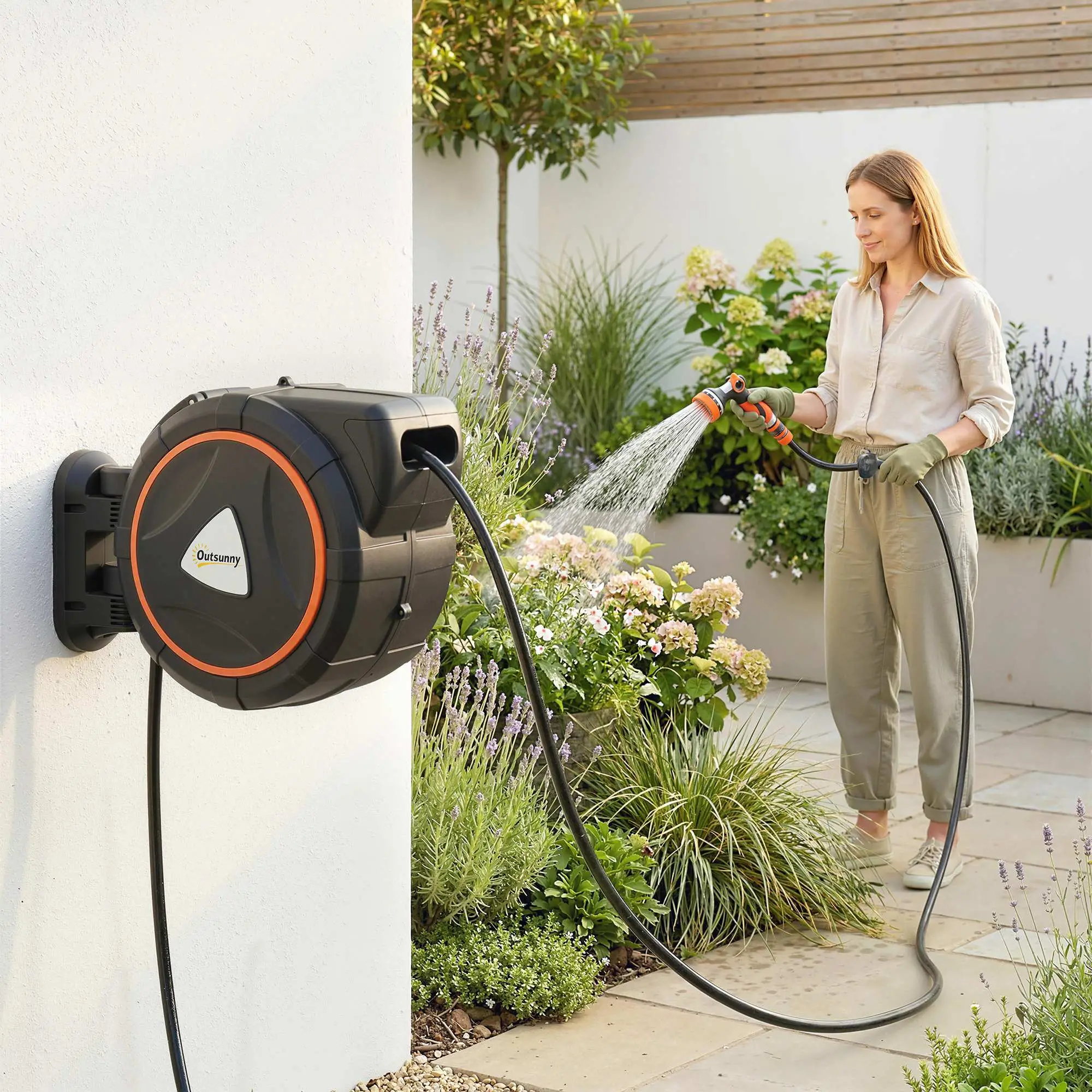 Retractable Garden Hose Reel, 1/2"x75.5ft Wall Mounted Hose Reel with 12-Pattern Nozzles, Auto Retraction, Self-Locking - Image 2