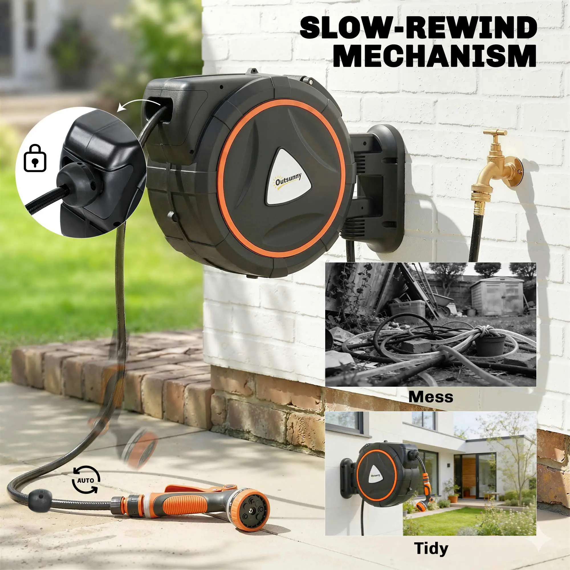 Retractable Garden Hose Reel, 1/2"x75.5ft Wall Mounted Hose Reel with 12-Pattern Nozzles, Auto Retraction, Self-Locking - Image 5