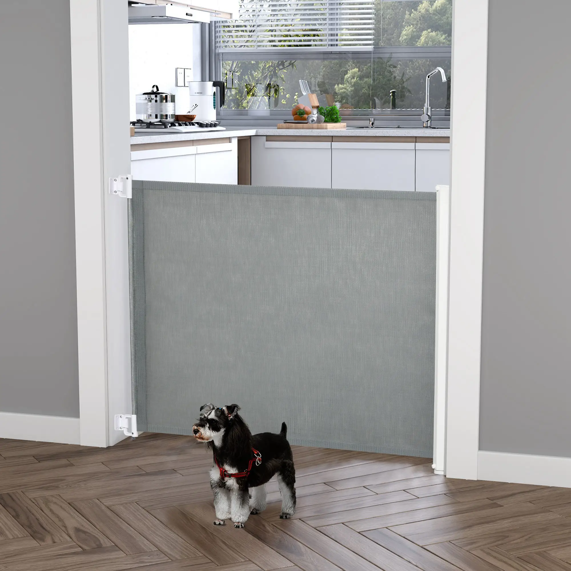 Retractable Pet Safety Gate, Flexible for Stairways Doorways, Grey - Image 2