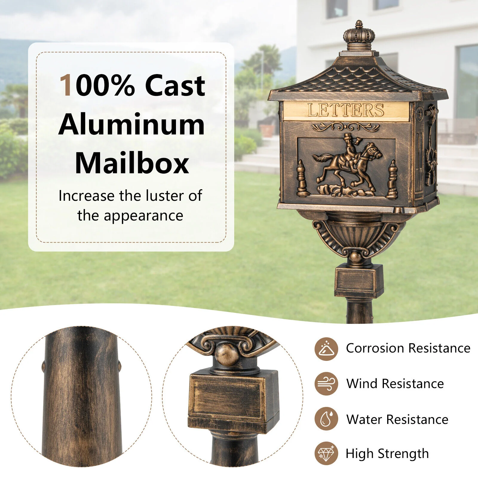Retro Cast Aluminum Mailbox Security Postal Letter Box with Baffle Door, Bronze - Image 6