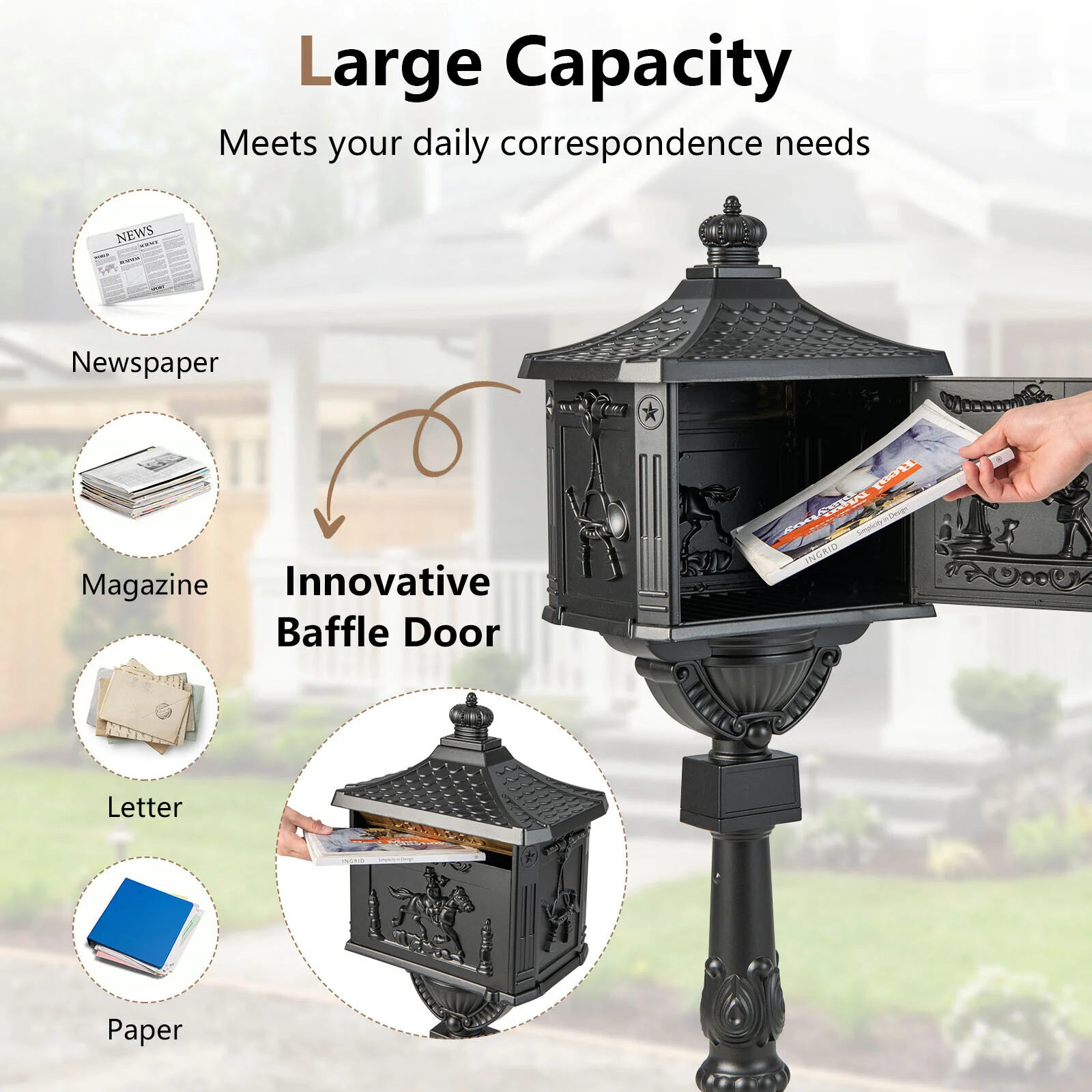 Retro Cast Aluminum Mailbox, With Baffle Door, Black - Image 3