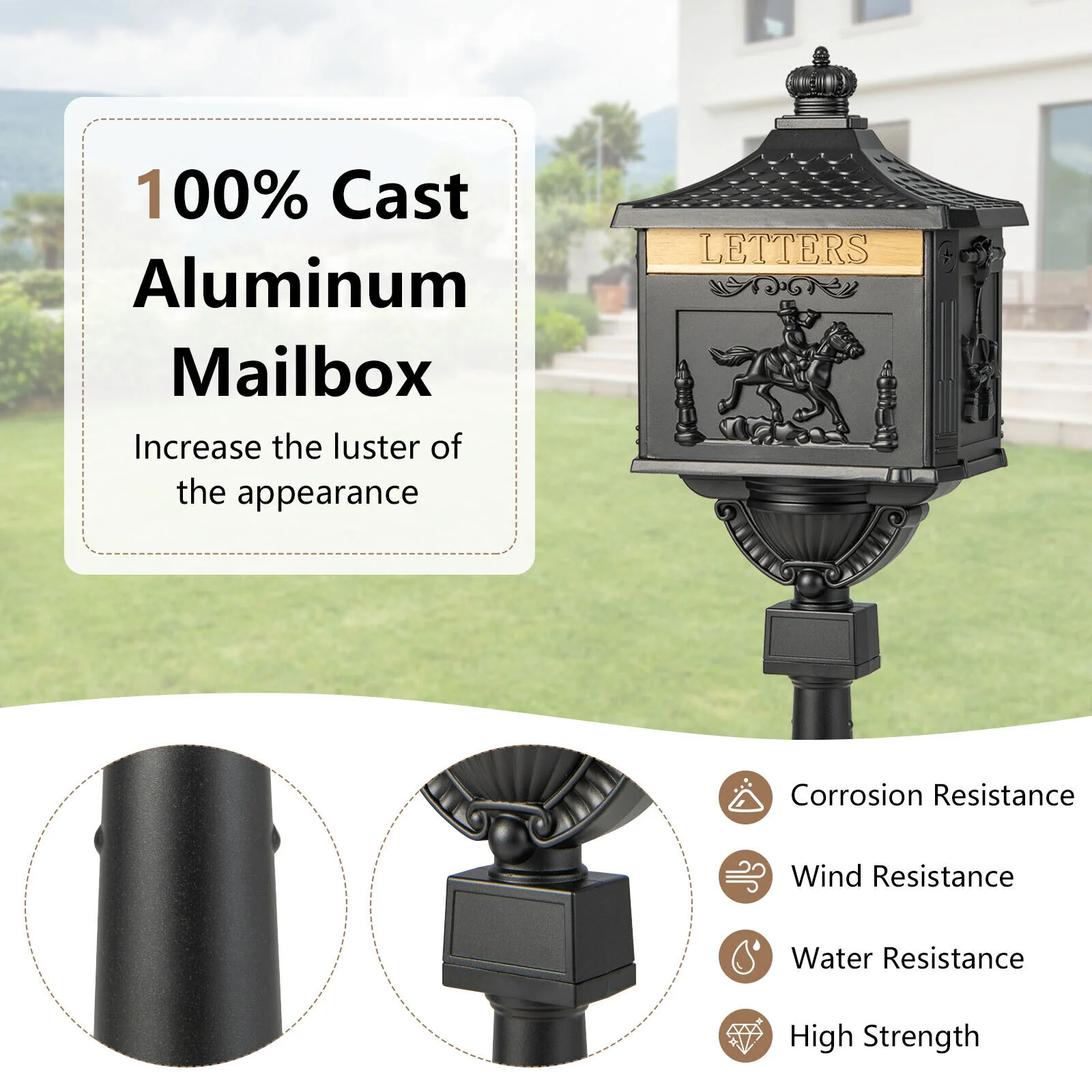 Retro Cast Aluminum Mailbox, With Baffle Door, Black - Image 6