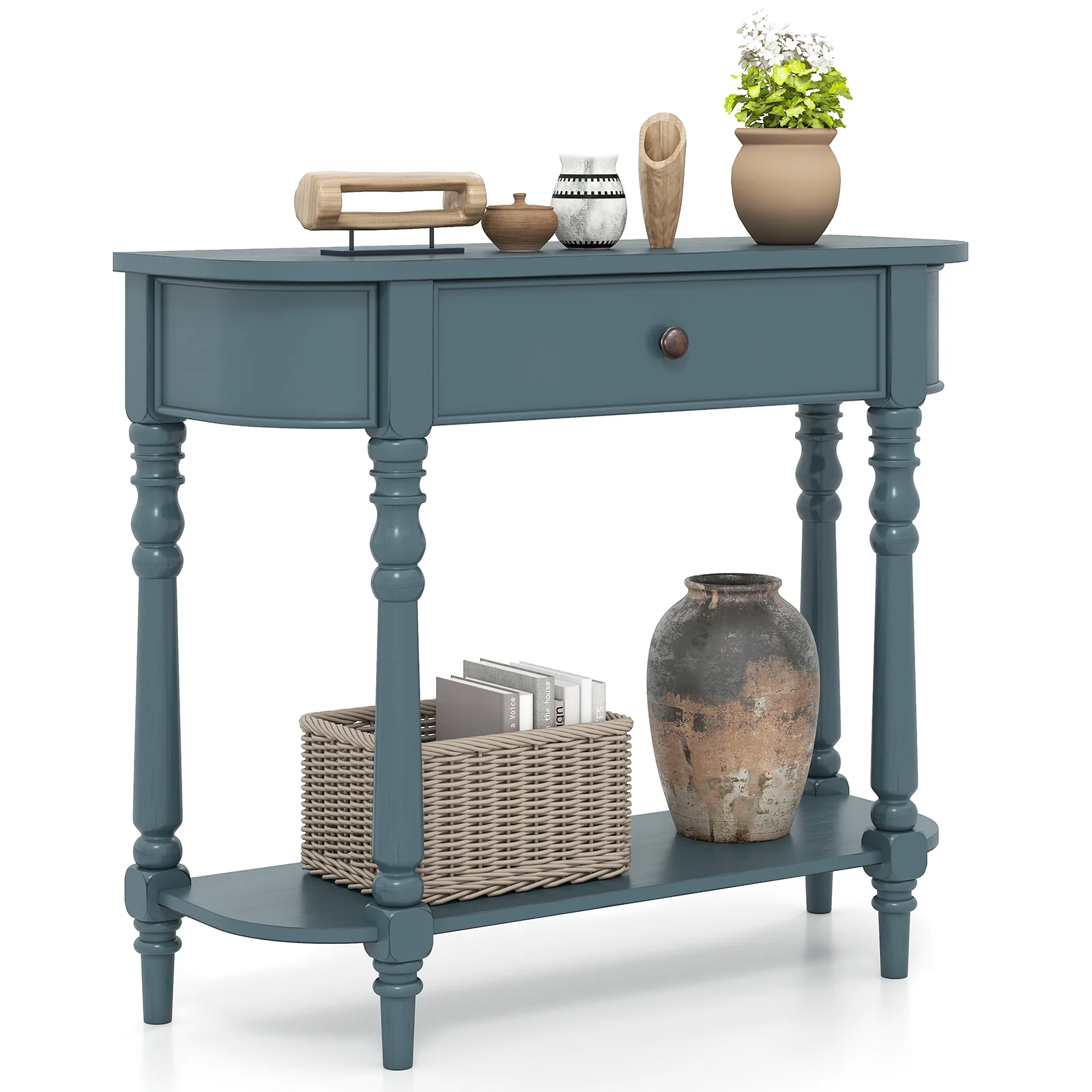 Retro Console Table, 36"L, 2-Tier Narrow Behind Couch Foyer, Blue - Image 4